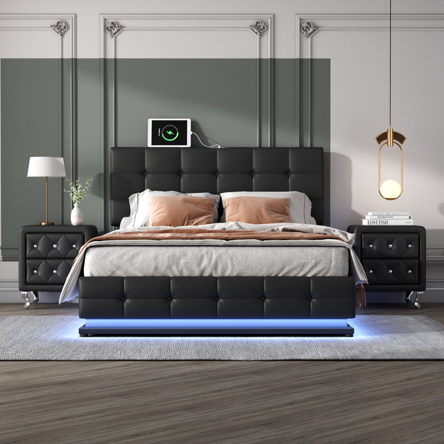 Melysen 3-Pieces Bedroom Sets,Queen Size Upholstered Bed with LED Lights,Hydraulic Storage System and USB Charging Station, Two Nightstands with Crystal Decoration