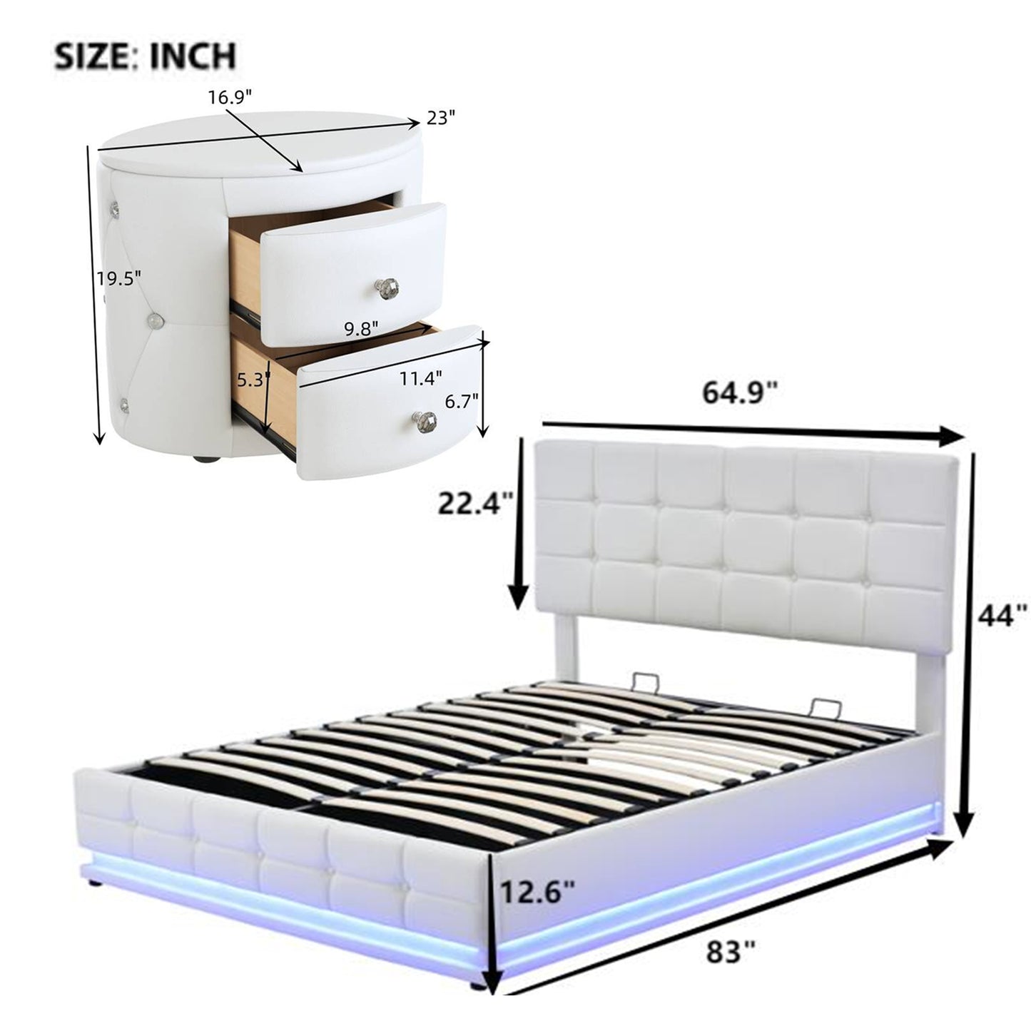 Melysen 3-Pieces Bedroom Sets,Queen Size Upholstered Bed with LED Lights,Hydraulic Storage System and USB Charging Station, Two Nightstands with Crystal Decoration