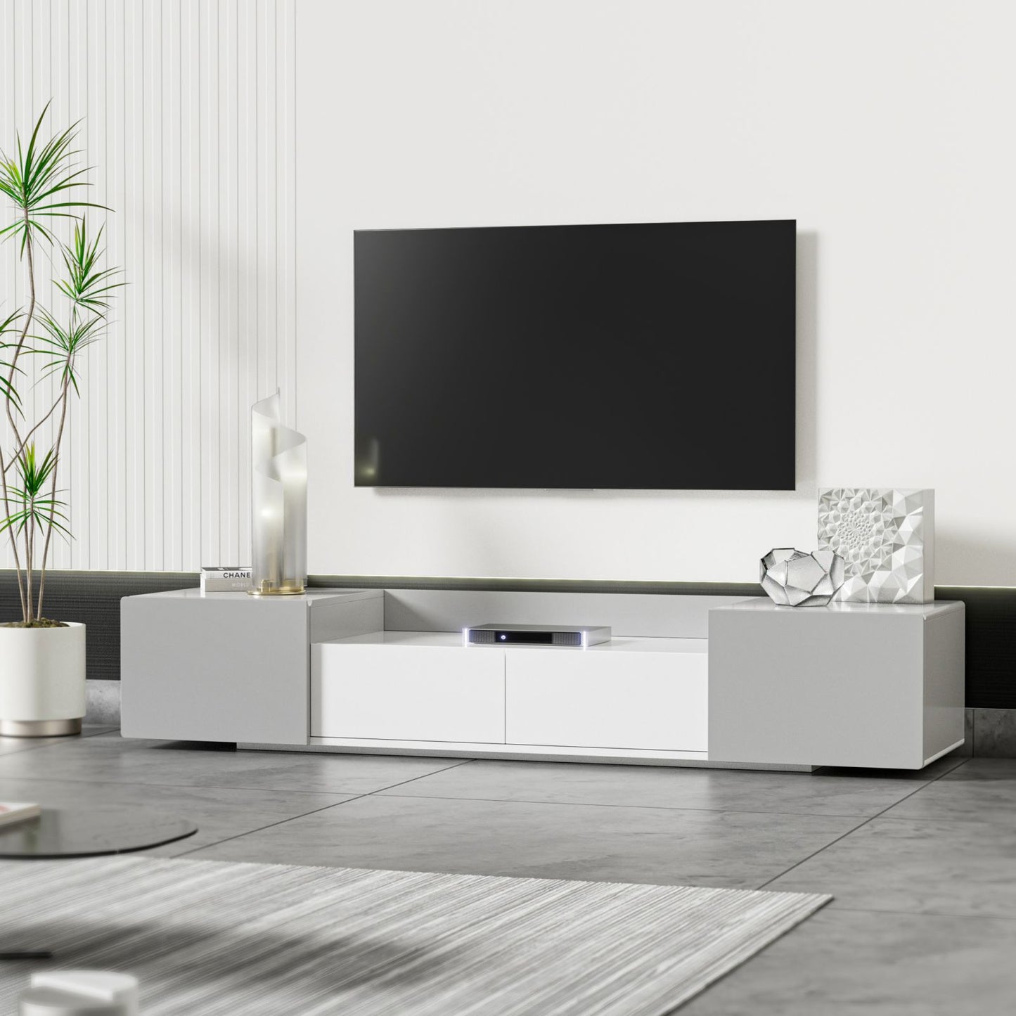 Melysen Modern TV Stand for 70" TV with Large Storage Space, Magnetic Cabinet Door, Entertainment Center for Living Room,Bedroom,Grey