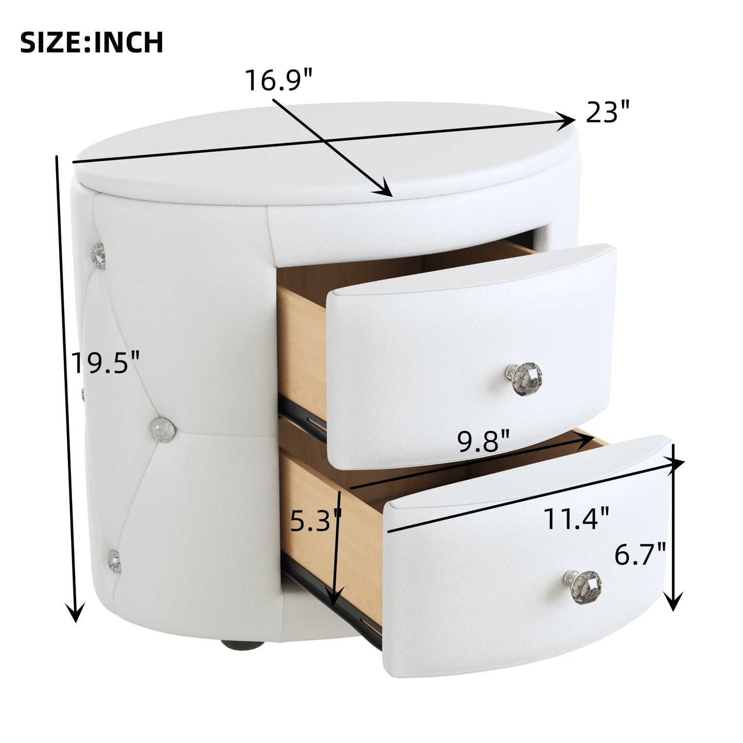 Melysen Elegant PU Nightstand with 2 Drawers and Crystal Handle,Fully Assembled Except Legs&Handles,Storage Bedside Table,White