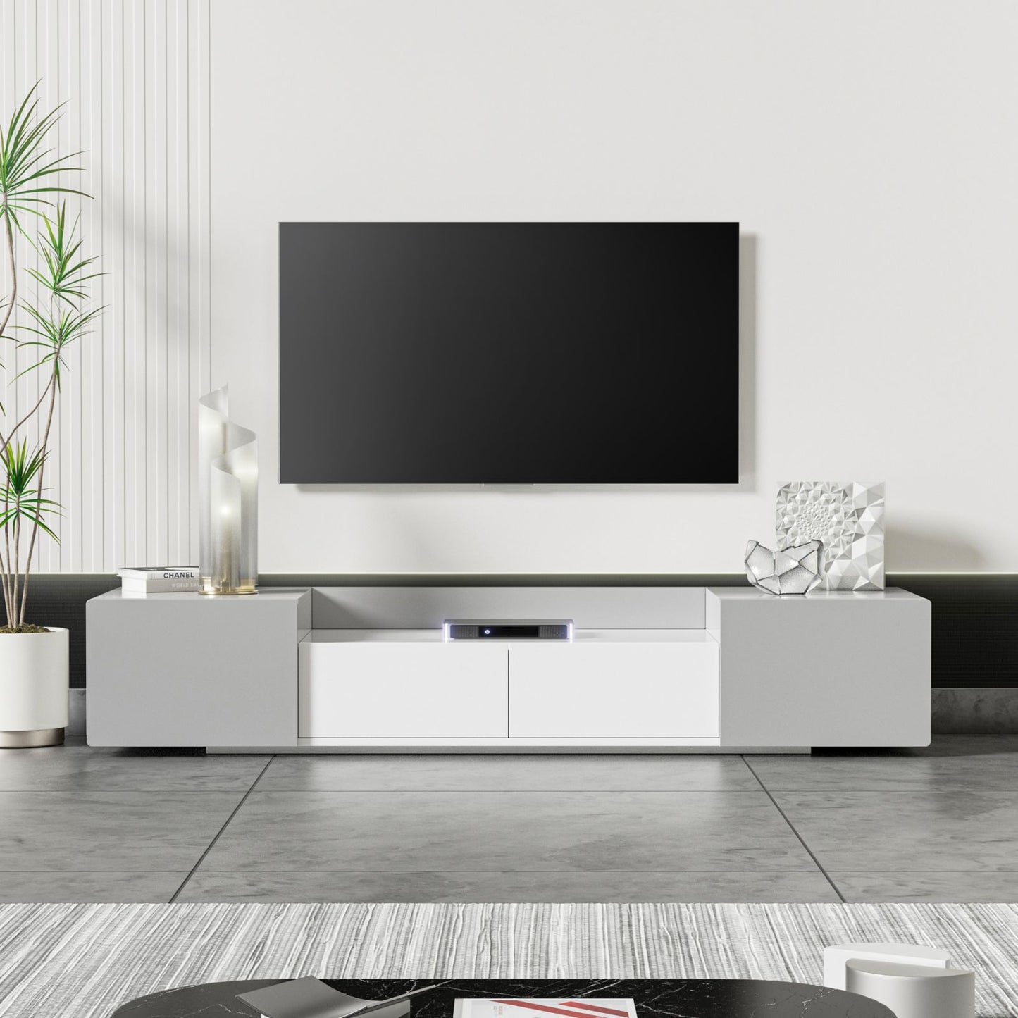 Melysen Modern TV Stand for 70" TV with Large Storage Space, Magnetic Cabinet Door, Entertainment Center for Living Room,Bedroom,Grey