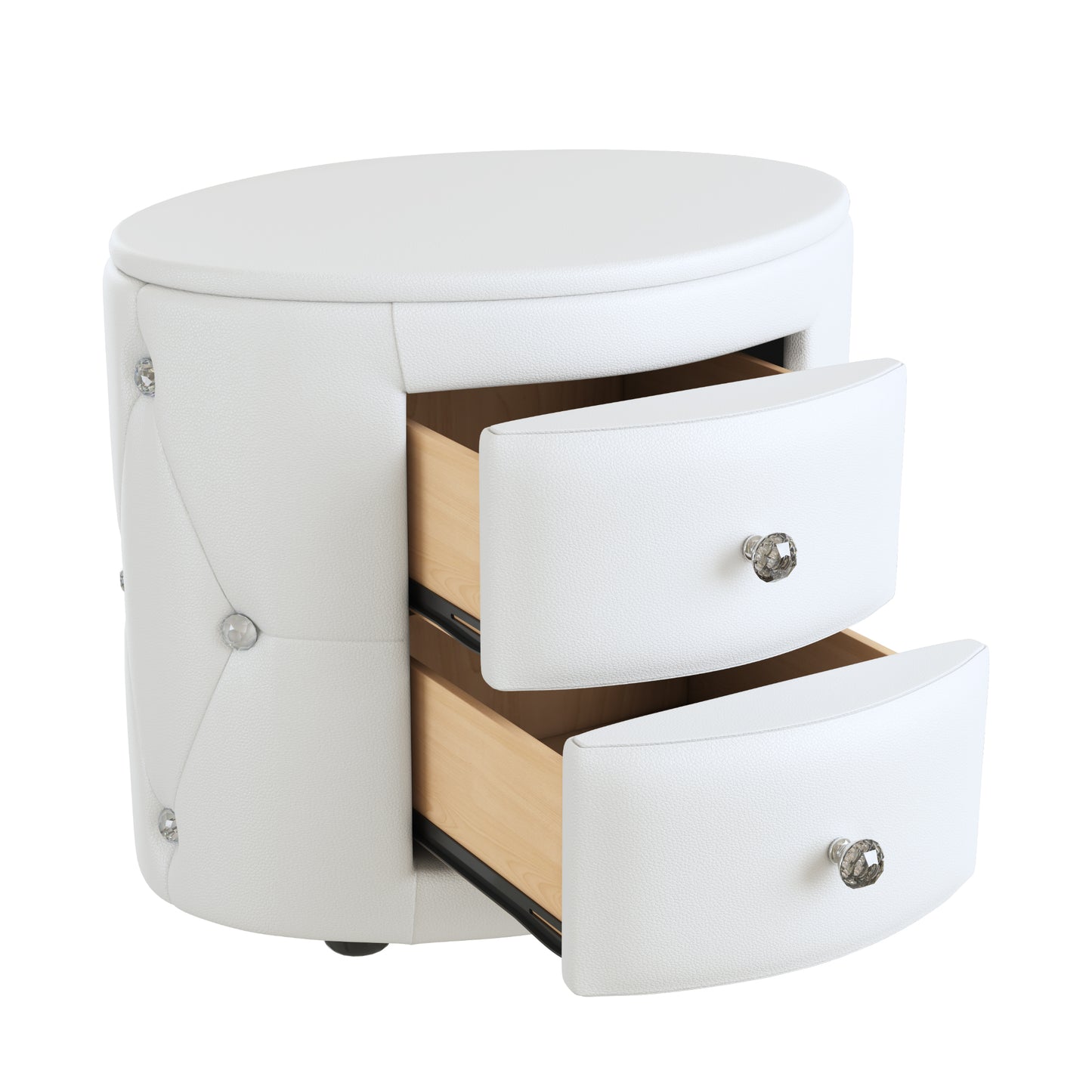 Melysen Elegant PU Nightstand with 2 Drawers and Crystal Handle,Fully Assembled Except Legs&Handles,Storage Bedside Table,White