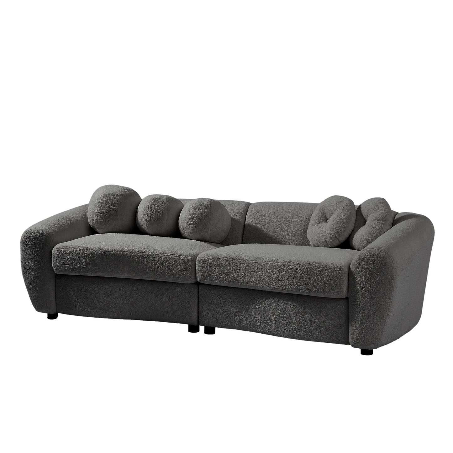 Melysen 87.7" Modern Curved Sofa, Back Upholstered Couch with 5 Decorative Throw Pillows, Teddy Fabric,Dark Grey