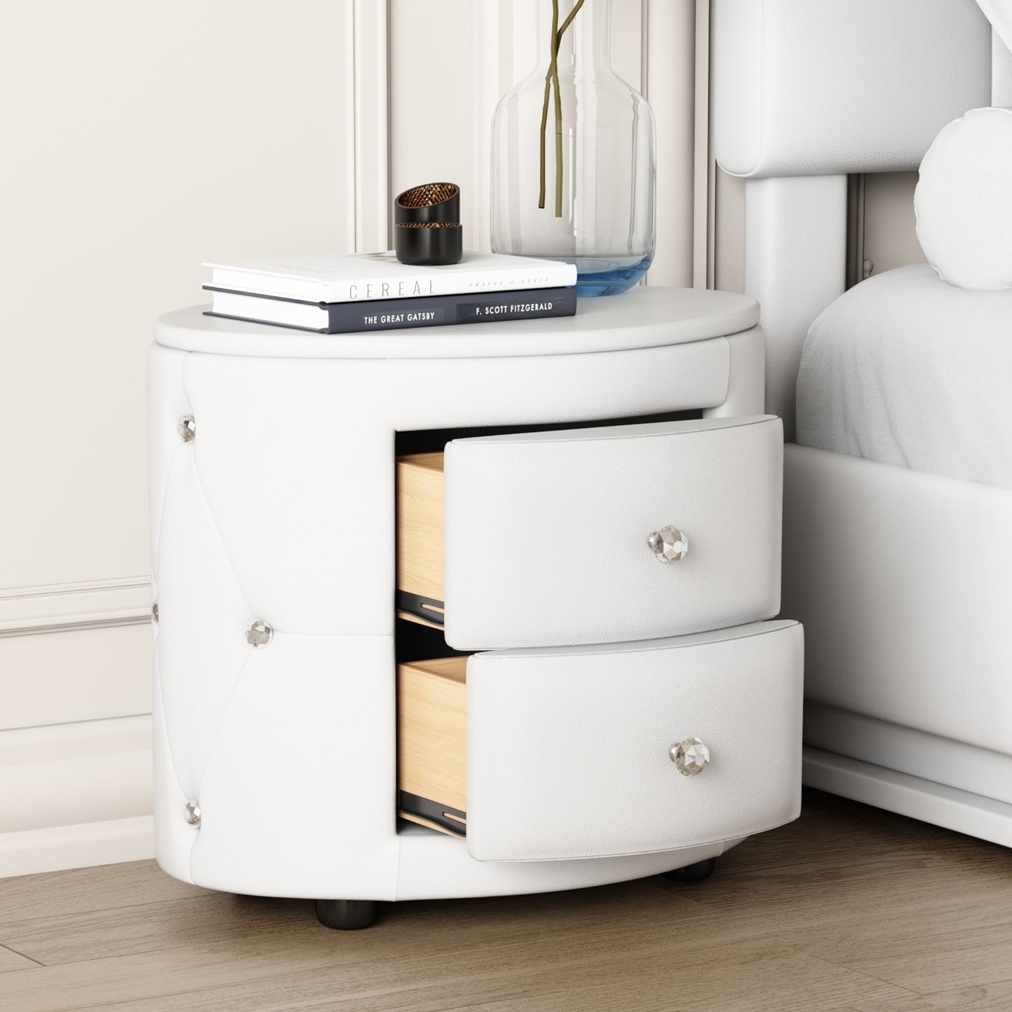 Melysen Elegant PU Nightstand with 2 Drawers and Crystal Handle,Fully Assembled Except Legs&Handles,Storage Bedside Table,White