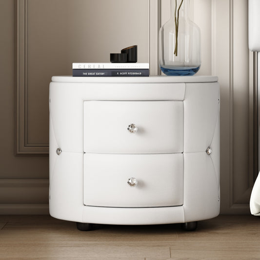 Melysen Elegant PU Nightstand with 2 Drawers and Crystal Handle,Fully Assembled Except Legs&Handles,Storage Bedside Table,White