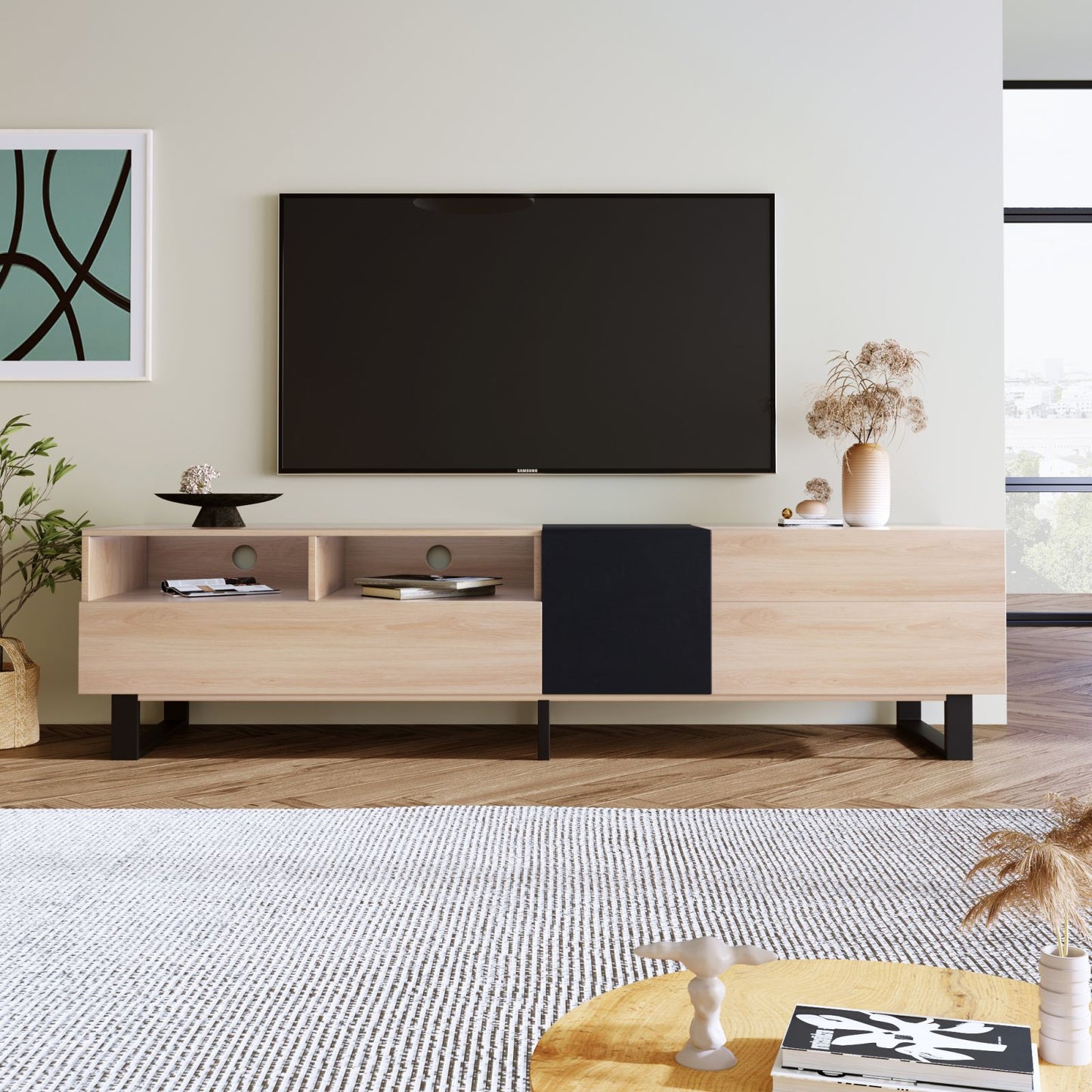 Melysen Modern TV Stand for 80" TV with Double Storage Space, Media Console Table, Entertainment Center with Drop Down Door for Living Room, Bedroom, Home Theatre,Natural Wood