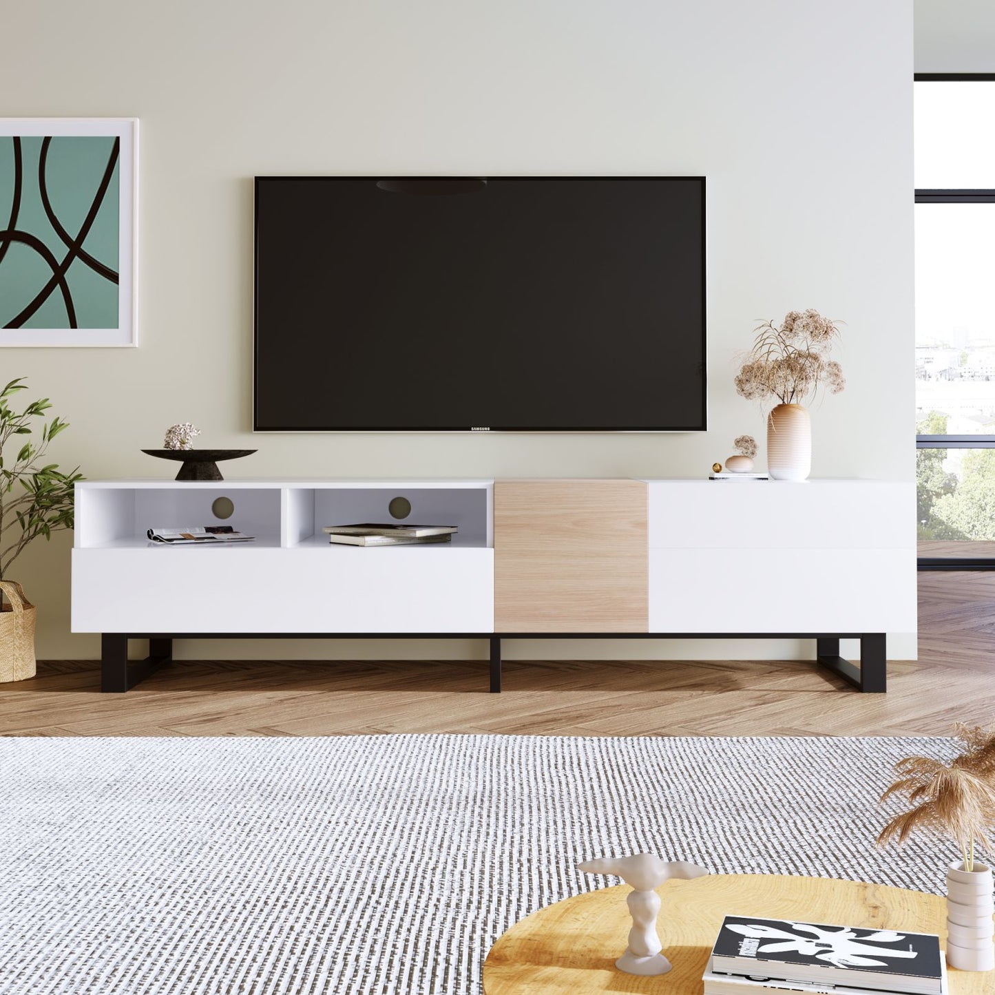 Melysen Modern TV Stand for 80" TV with Double Storage Space, Media Console Table, Entertainment Center with Drop Down Door for Living Room, Bedroom, Home Theatre,White