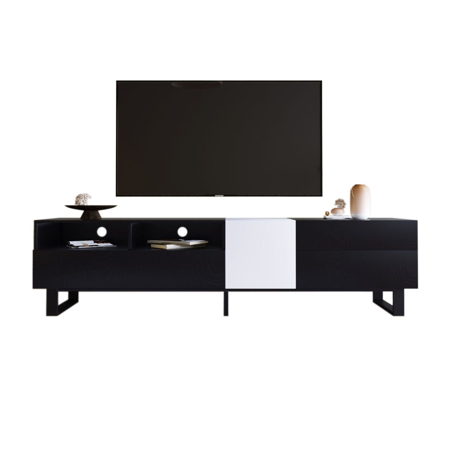 Melysen Modern TV Stand for 80" TV with Double Storage Space, Media Console Table, Entertainment Center with Drop Down Door for Living Room, Bedroom, Home Theatre,Black