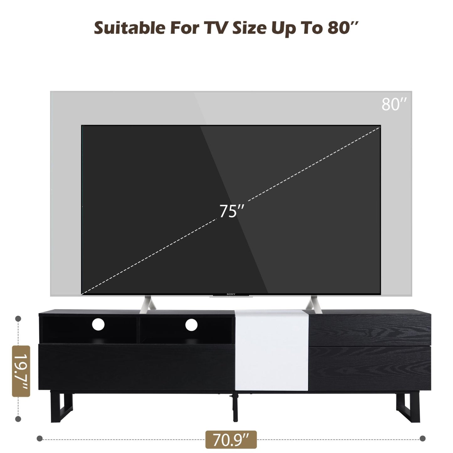 Melysen Modern TV Stand for 80" TV with Double Storage Space, Media Console Table, Entertainment Center with Drop Down Door for Living Room, Bedroom, Home Theatre,Black