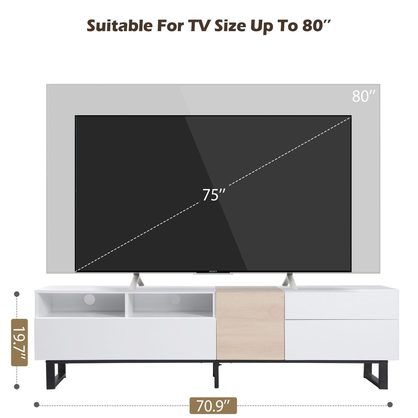 Melysen Modern TV Stand for 80" TV with Double Storage Space, Media Console Table, Entertainment Center with Drop Down Door for Living Room, Bedroom, Home Theatre,White