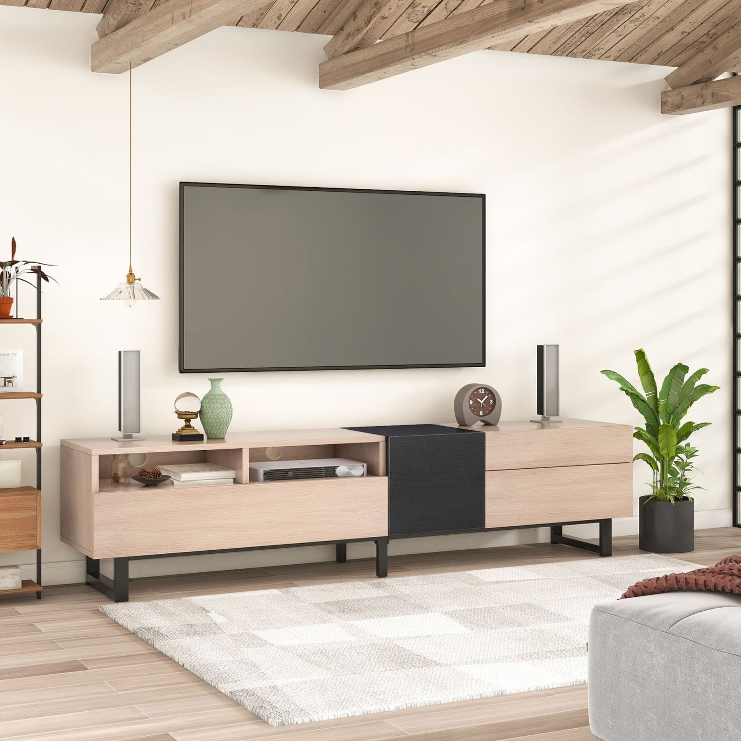 Melysen Modern TV Stand for 80" TV with Double Storage Space, Media Console Table, Entertainment Center with Drop Down Door for Living Room, Bedroom, Home Theatre,Natural Wood