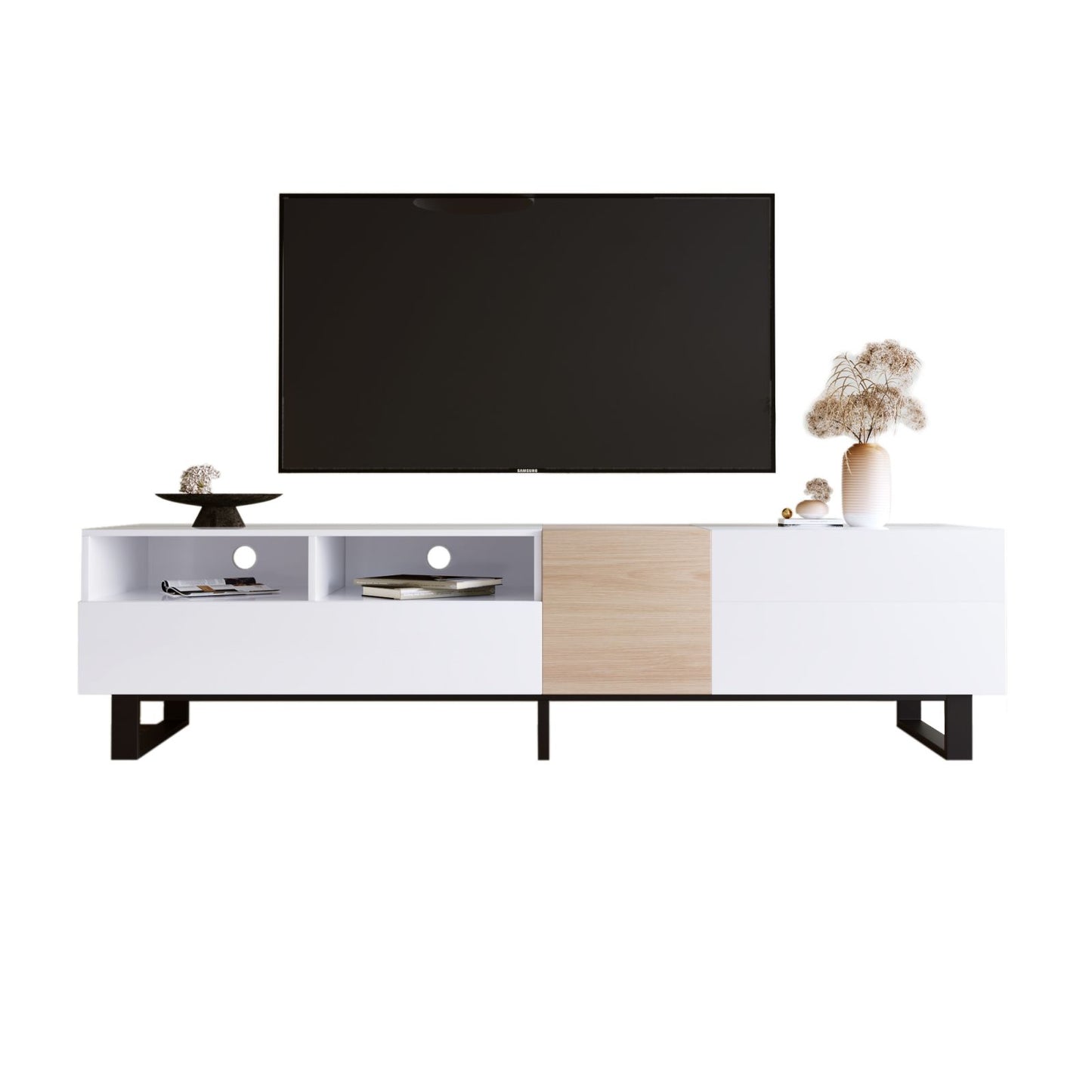 Melysen Modern TV Stand for 80" TV with Double Storage Space, Media Console Table, Entertainment Center with Drop Down Door for Living Room, Bedroom, Home Theatre,White