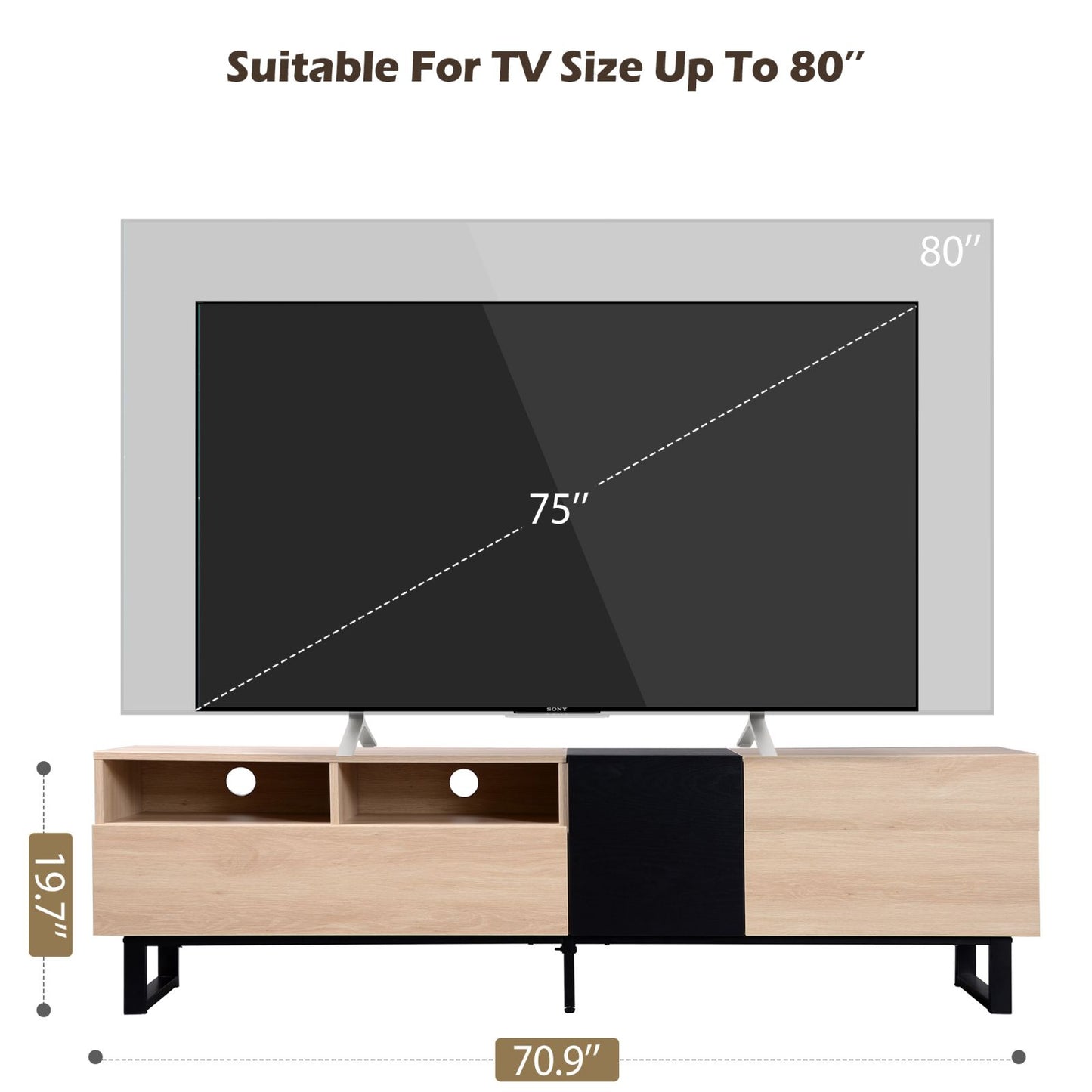 Melysen Modern TV Stand for 80" TV with Double Storage Space, Media Console Table, Entertainment Center with Drop Down Door for Living Room, Bedroom, Home Theatre,Natural Wood