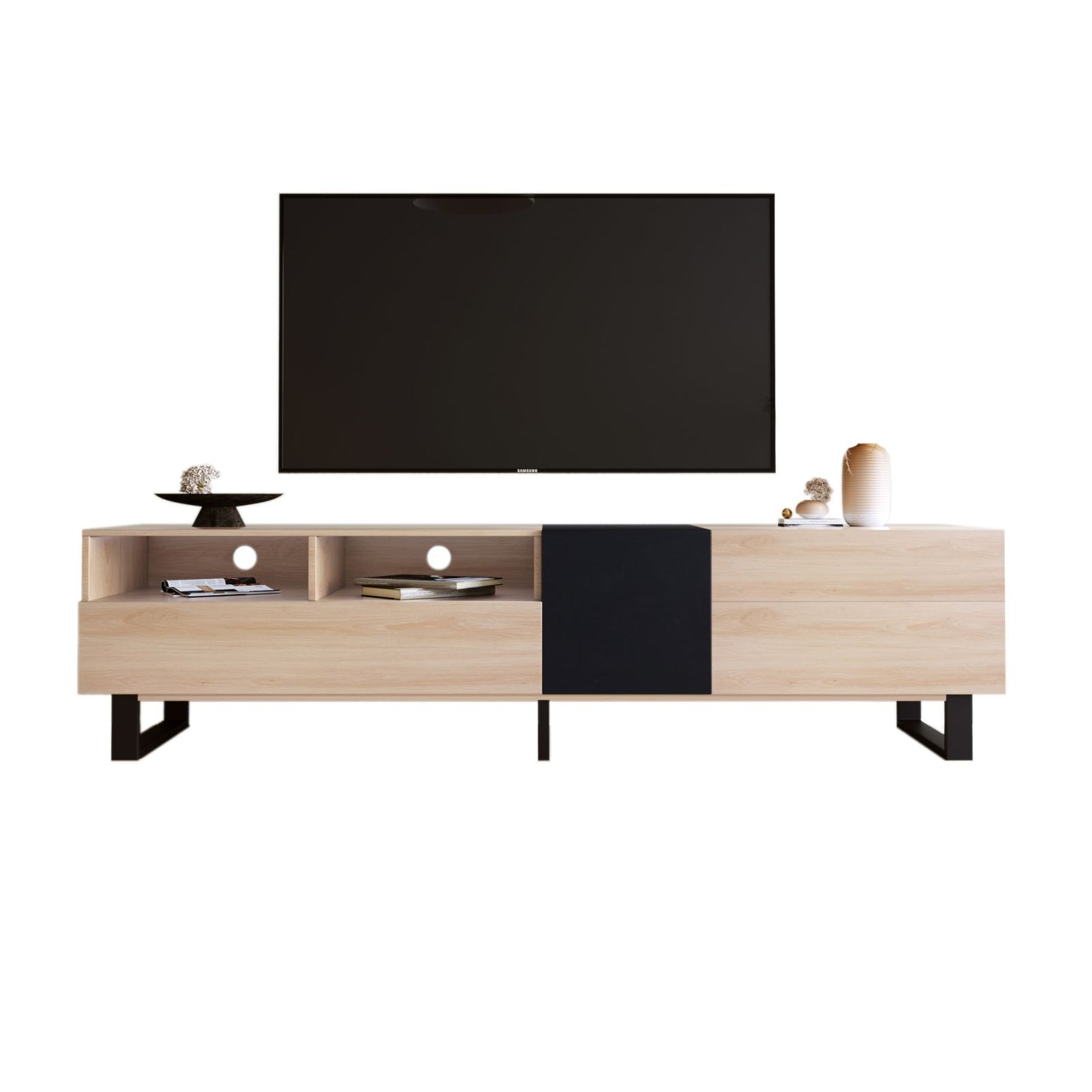 Melysen Modern TV Stand for 80" TV with Double Storage Space, Media Console Table, Entertainment Center with Drop Down Door for Living Room, Bedroom, Home Theatre,Natural Wood