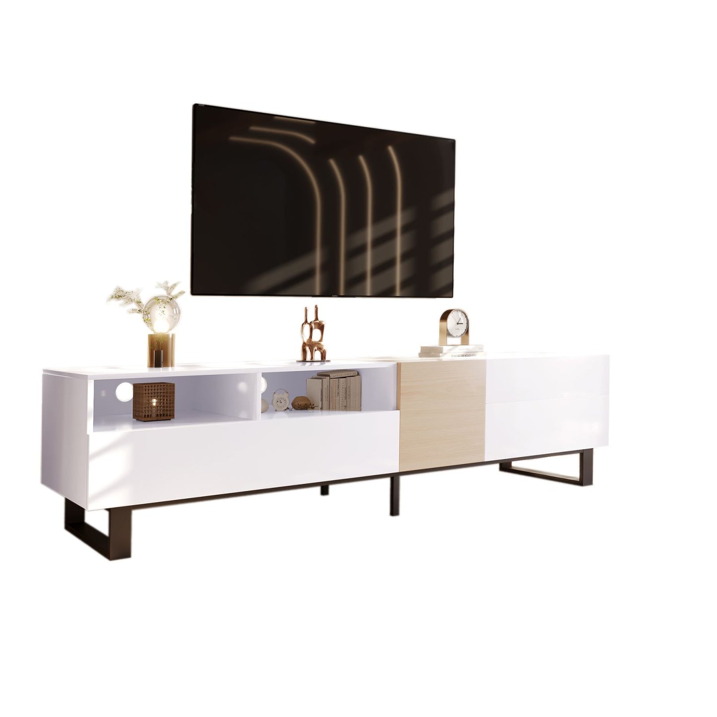 Melysen Modern TV Stand for 80" TV with Double Storage Space, Media Console Table, Entertainment Center with Drop Down Door for Living Room, Bedroom, Home Theatre,White