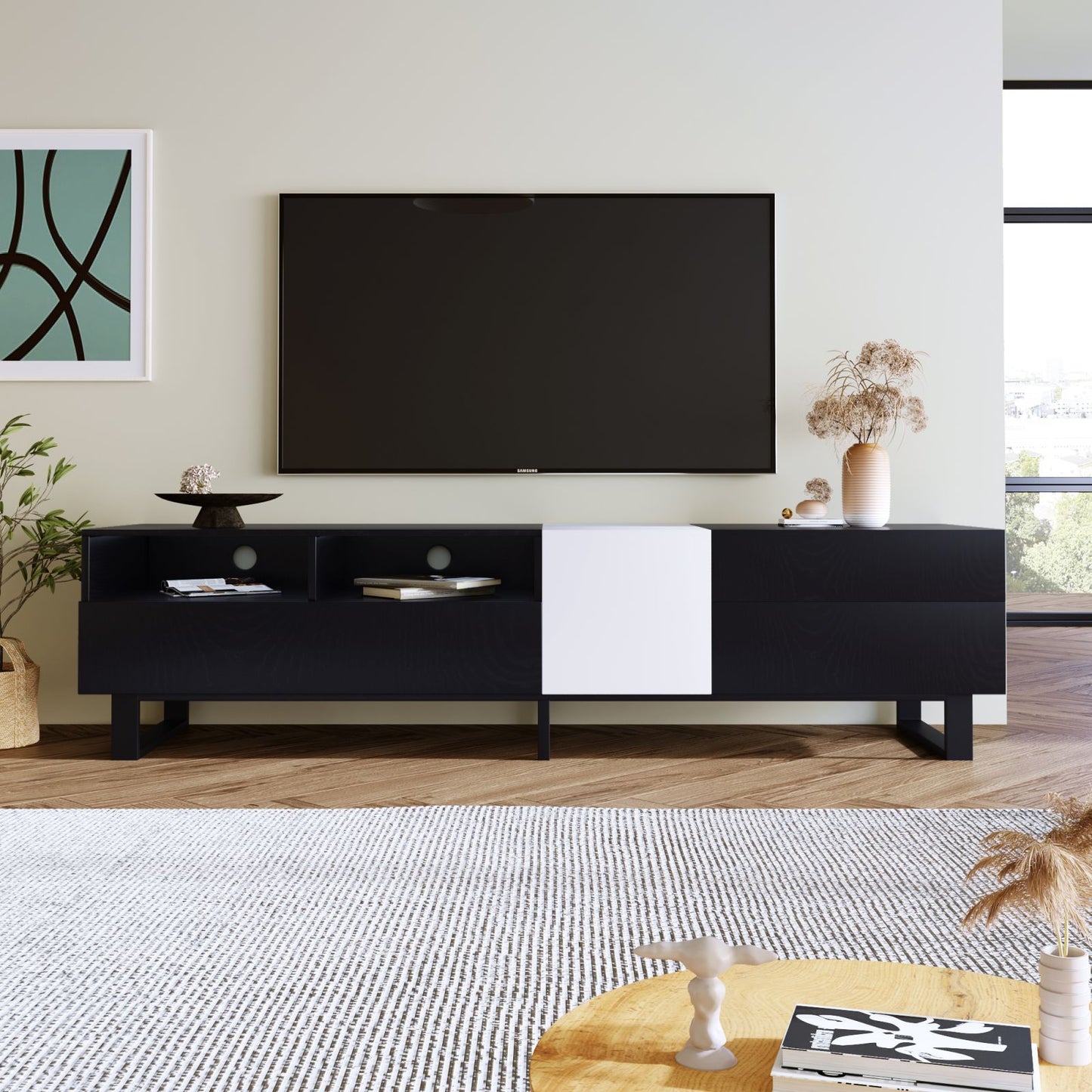 Melysen Modern TV Stand for 80" TV with Double Storage Space, Media Console Table, Entertainment Center with Drop Down Door for Living Room, Bedroom, Home Theatre,Black