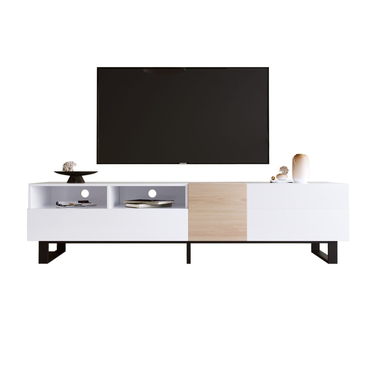 Melysen Modern TV Stand for 80" TV with Double Storage Space, Media Console Table, Entertainment Center with Drop Down Door for Living Room, Bedroom, Home Theatre,White