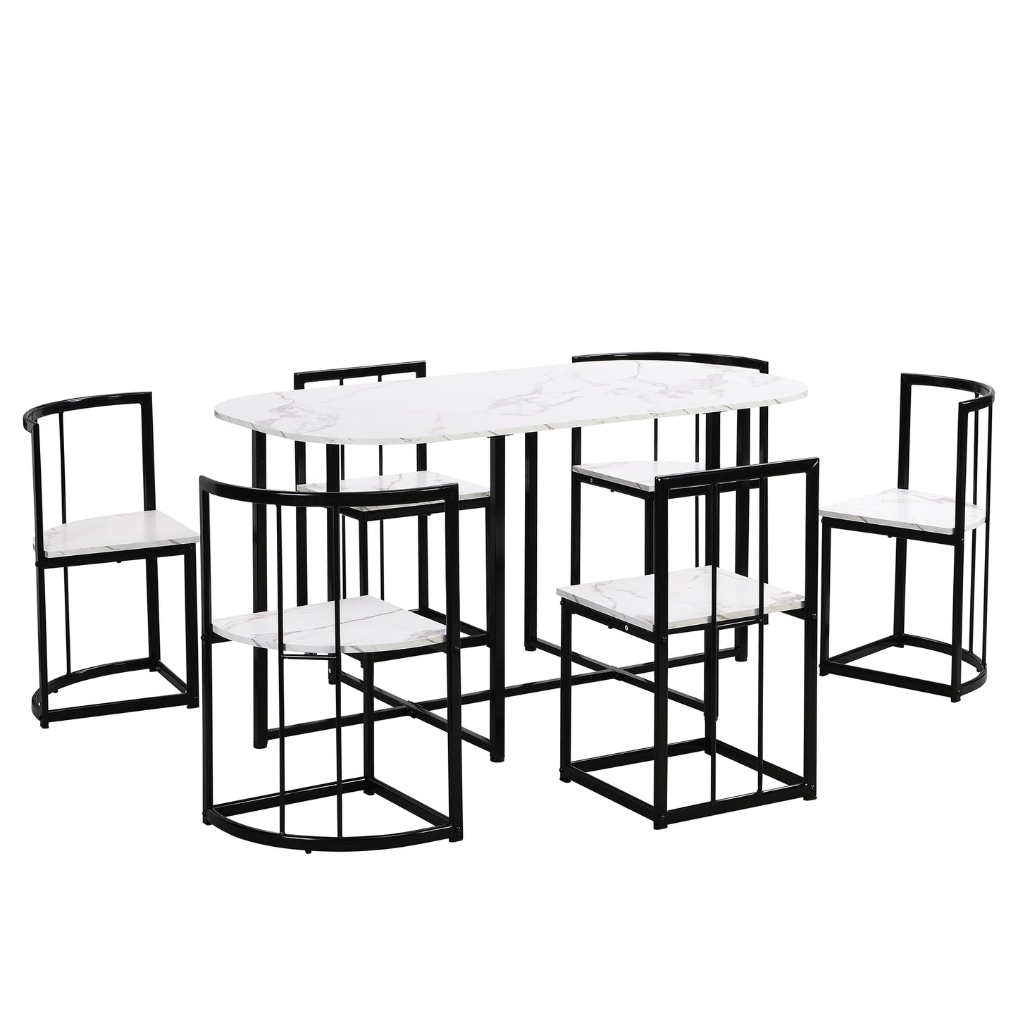 Melysen Modern 7-Piece Dining Table Set with Faux Marble Compact 55Inch Kitchen Table Set for 6