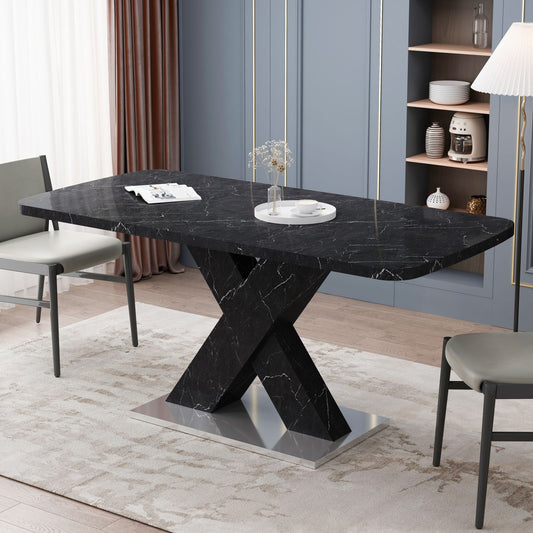 Melysen Modern Square Dining Table,Stretchable,Printed Black Marble Table Top and MDF X Shape Table Leg with Metal Base