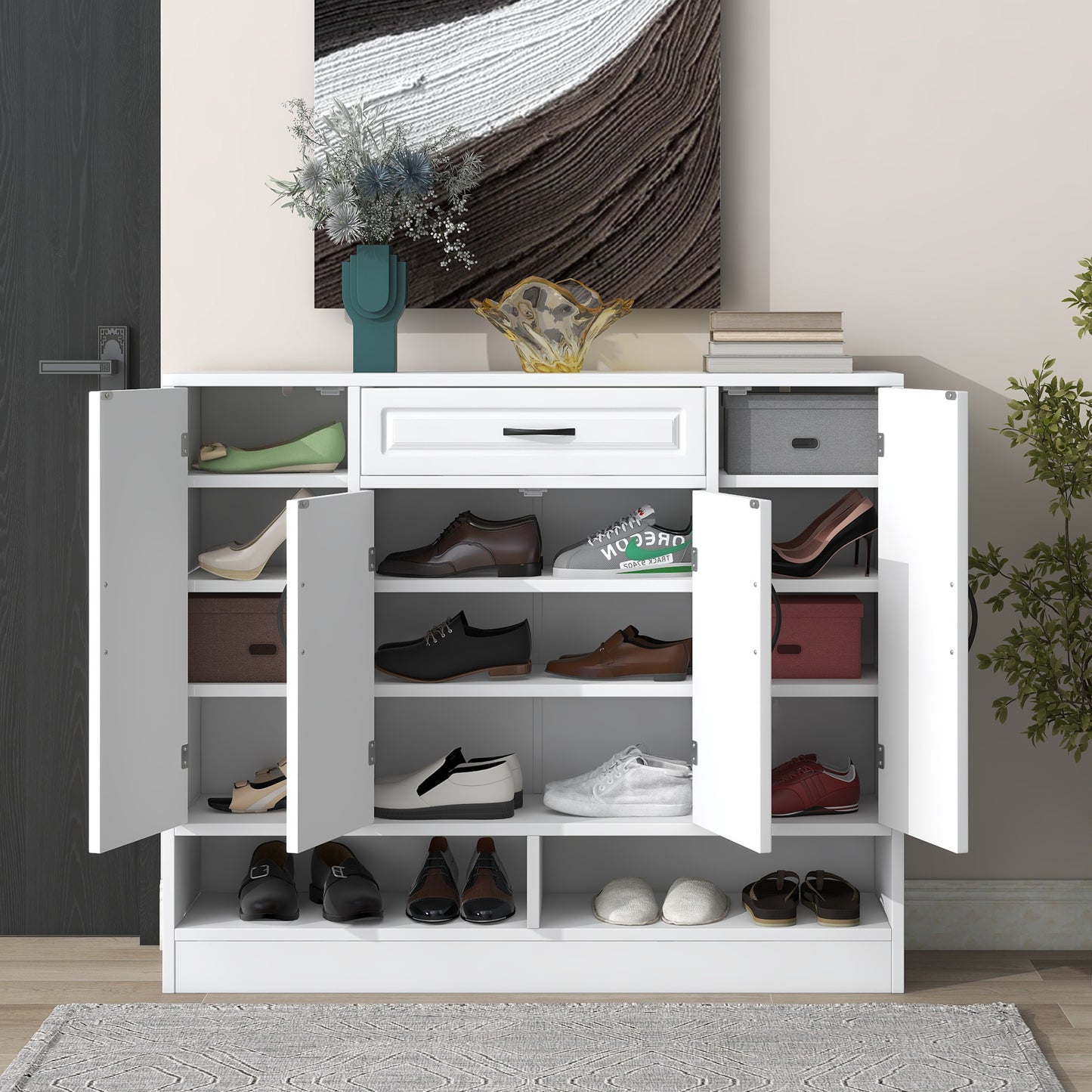 Melysen Sleek and Modern Shoe Cabinet with Adjustable Shelves, Minimalist Shoe Storage Organizer with Sturdy Top Surface, Space-saving Design Side Board for Various Sizes of Items, White