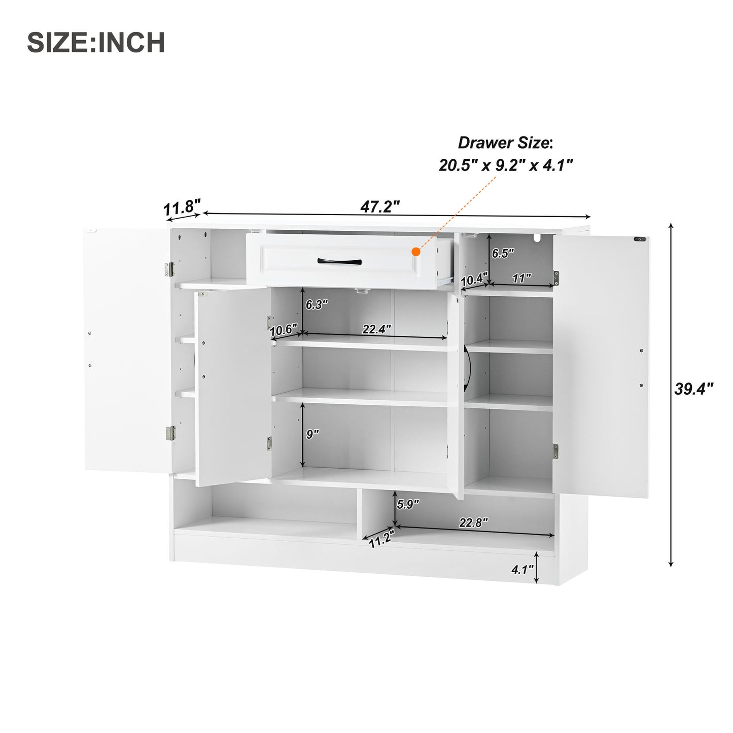 Melysen Sleek and Modern Shoe Cabinet with Adjustable Shelves, Minimalist Shoe Storage Organizer with Sturdy Top Surface, Space-saving Design Side Board for Various Sizes of Items, White