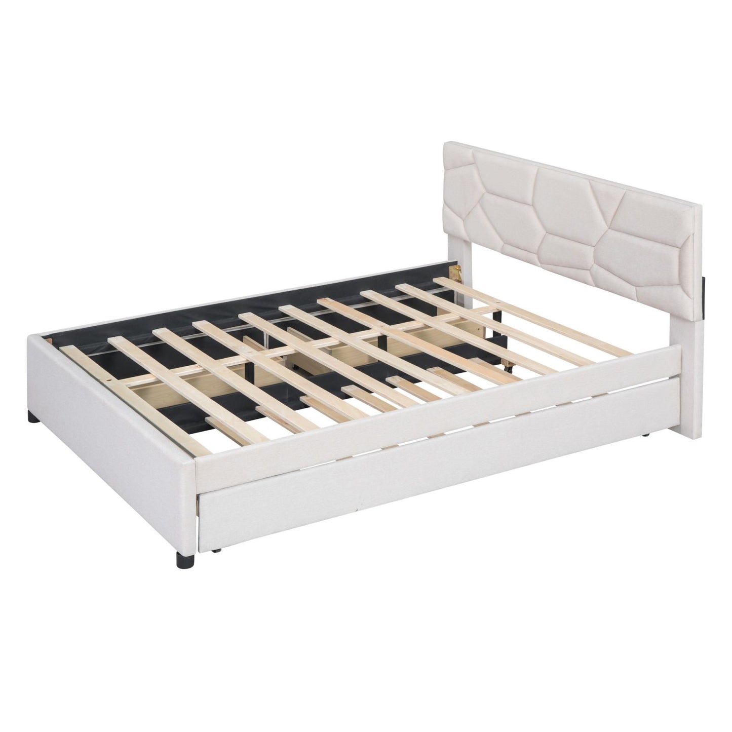 Melysen Queen Size Upholstered Platform Bed with Brick Pattern Headboard, with Twin XL Size Trundle and 2 drawers, Linen Fabric, Beige