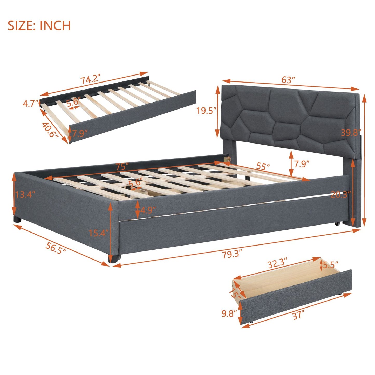 Melysen Full Size Upholstered Platform Bed with Brick Pattern Headboard, with Twin Size Trundle and 2 Drawers, Linen Fabric, Gray