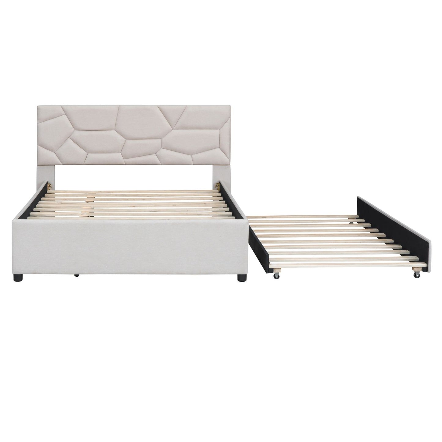 Melysen Full Size Upholstered Platform Bed with Brick Pattern Headboard and Twin Size Trundle, Linen Fabric, Beige