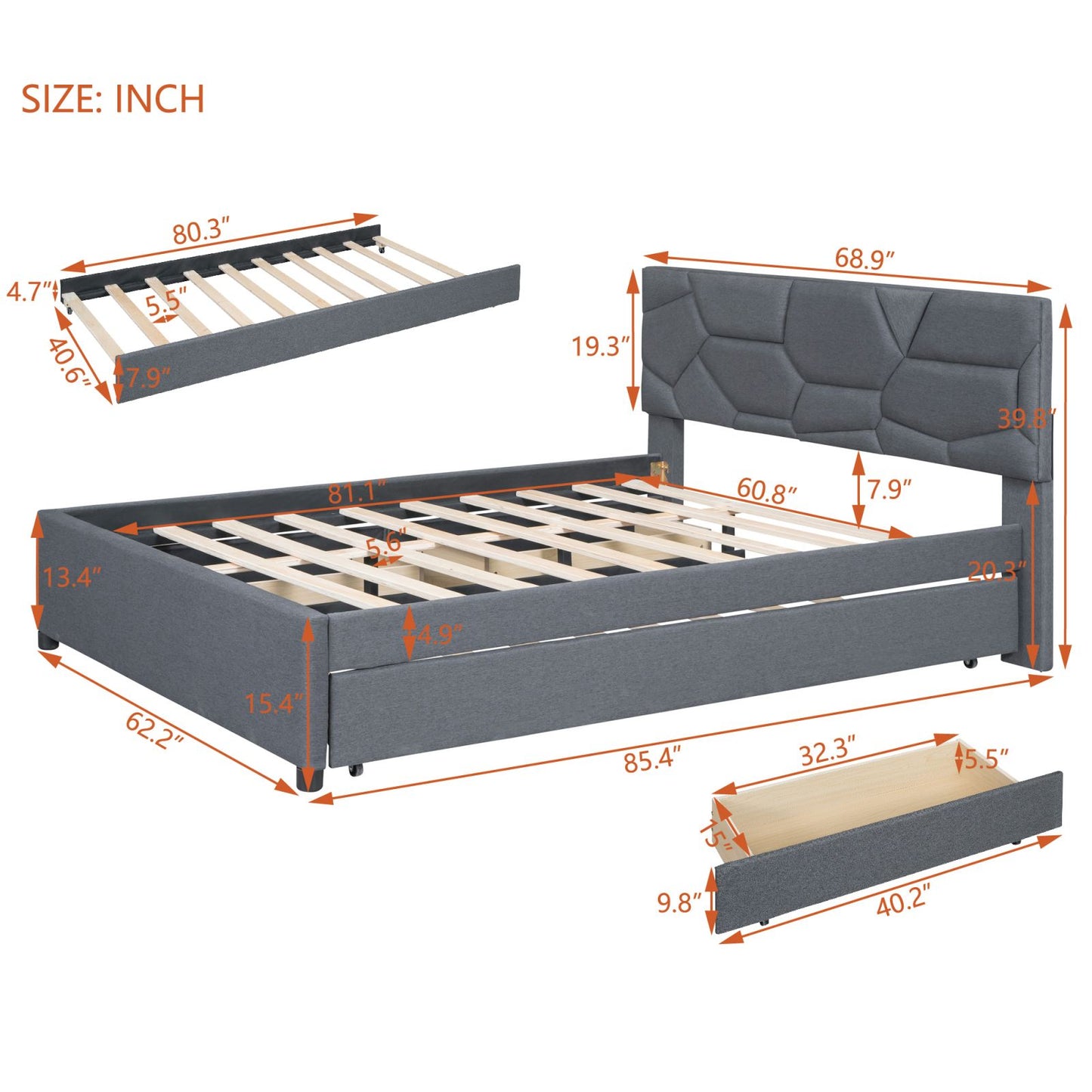 Melysen Queen Size Upholstered Platform Bed with Brick Pattern Headboard, with Twin XL Size Trundle and 2 drawers, Linen Fabric, Gray