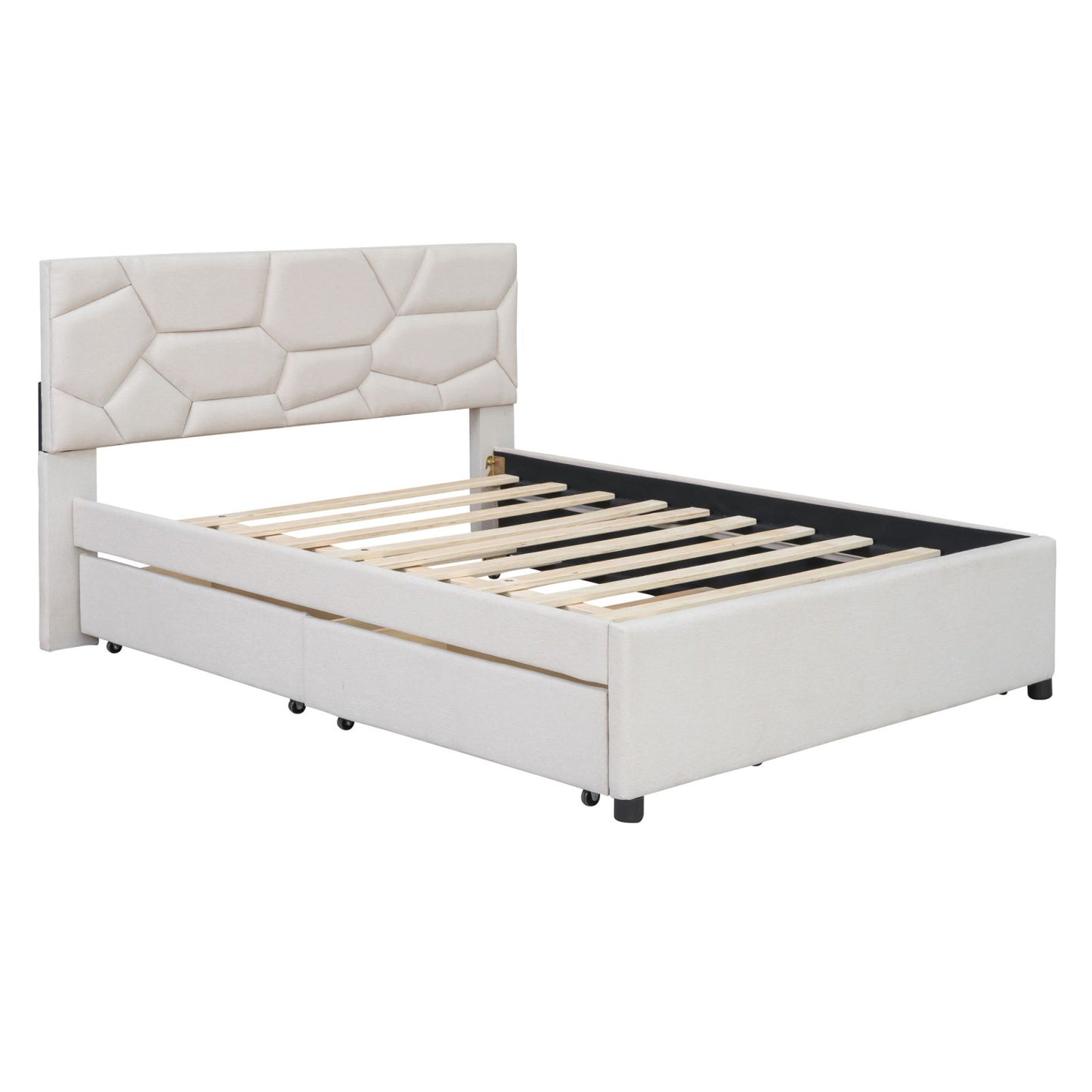 Melysen Full Size Upholstered Platform Bed with Brick Pattern Headboard, with Twin Size Trundle and 2 Drawers, Linen Fabric, Beige