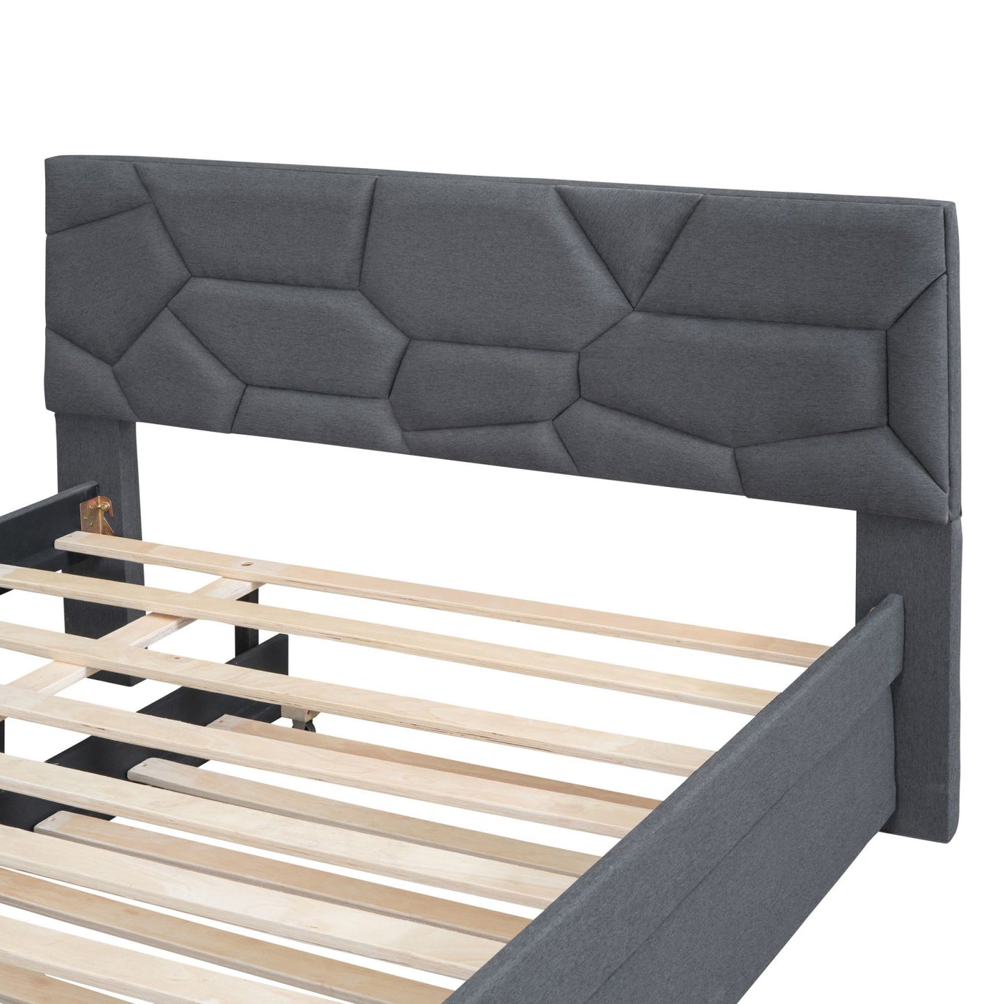 Melysen Full Size Upholstered Platform Bed with Brick Pattern Headboard and Twin Size Trundle, Linen Fabric, Gray