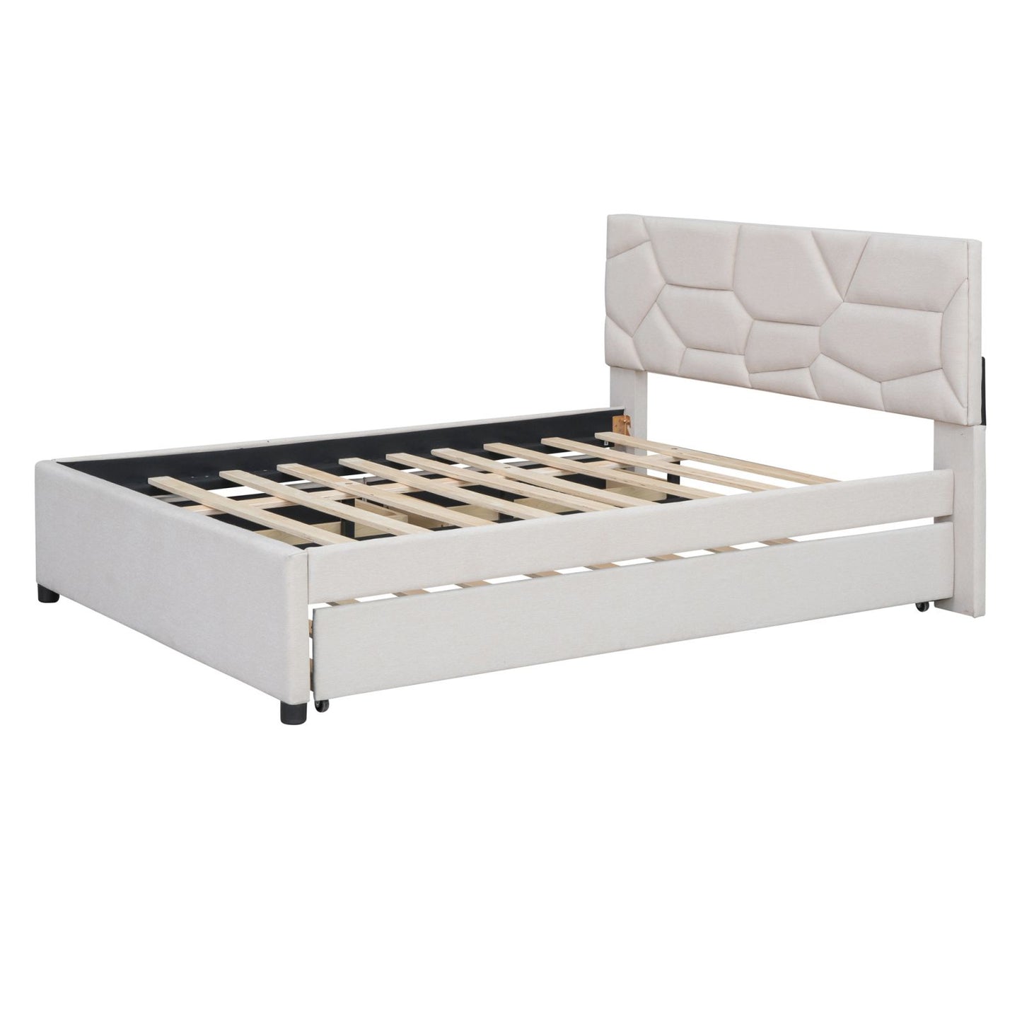 Melysen Full Size Upholstered Platform Bed with Brick Pattern Headboard, with Twin Size Trundle and 2 Drawers, Linen Fabric, Beige