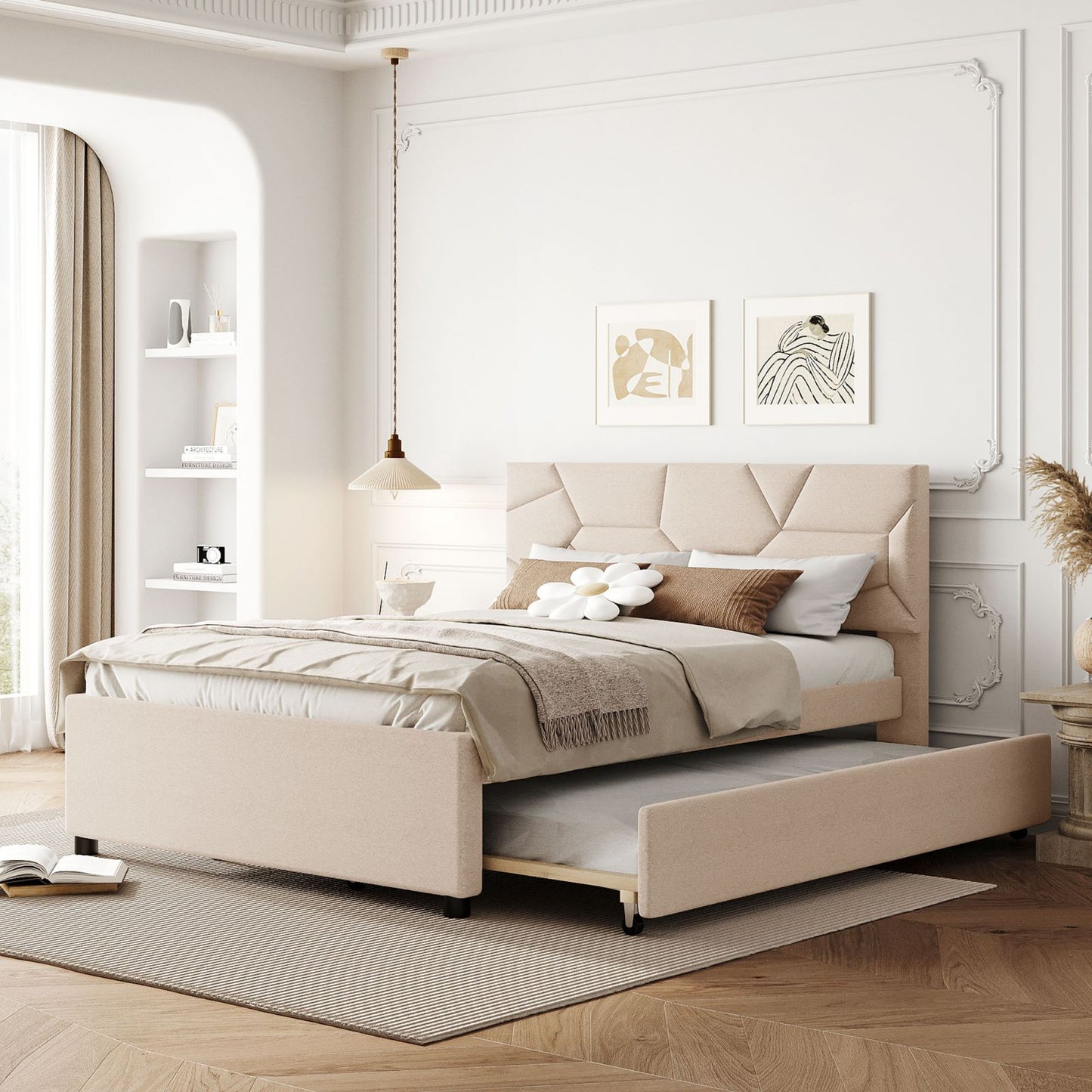 Melysen Full Size Upholstered Platform Bed with Brick Pattern Headboard and Twin Size Trundle, Linen Fabric, Beige