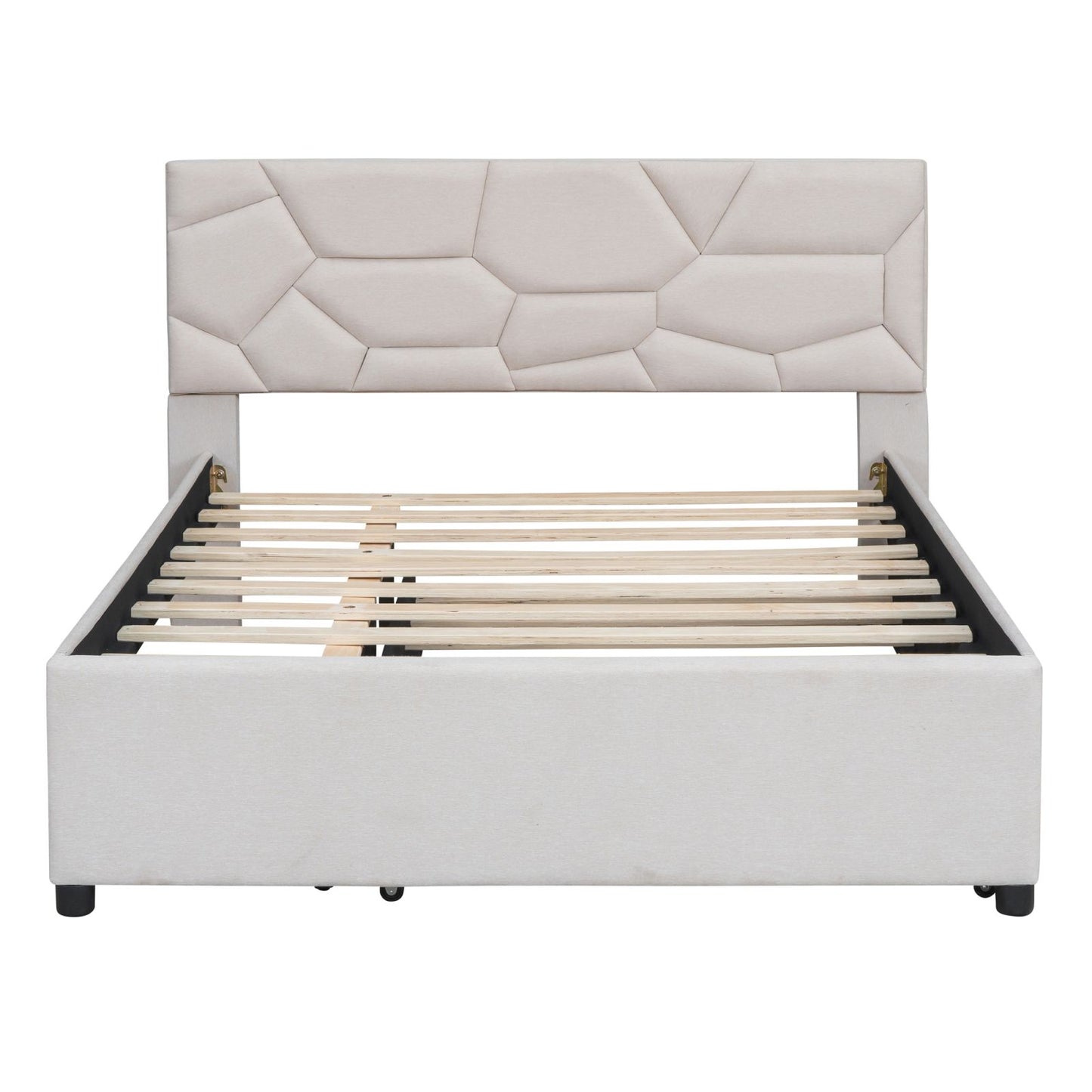 Melysen Full Size Upholstered Platform Bed with Brick Pattern Headboard and Twin Size Trundle, Linen Fabric, Beige