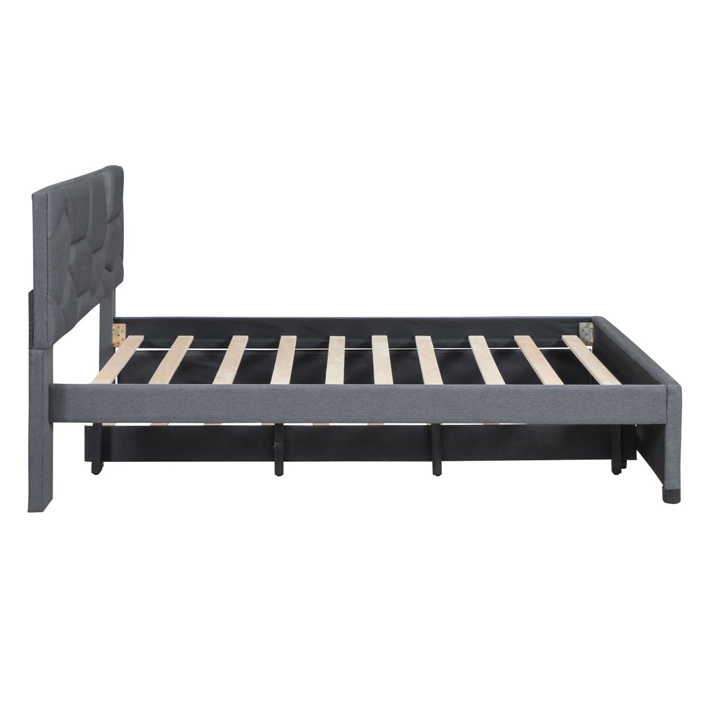 Melysen Full Size Upholstered Platform Bed with Brick Pattern Headboard and Twin Size Trundle, Linen Fabric, Gray