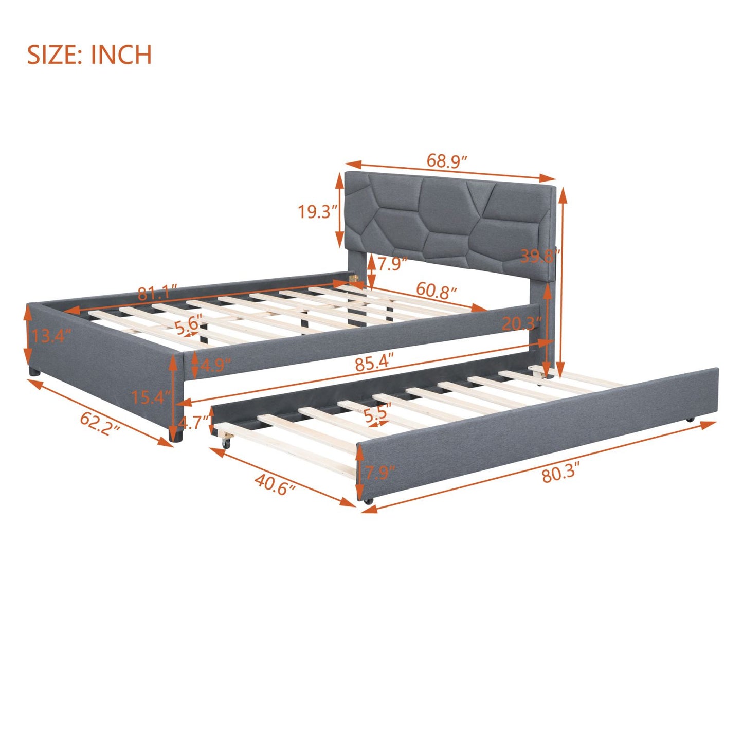 Melysen Queen Size Upholstered Platform Bed with Brick Pattern Headboard and Twin XL Size Trundle, Linen Fabric, Gray