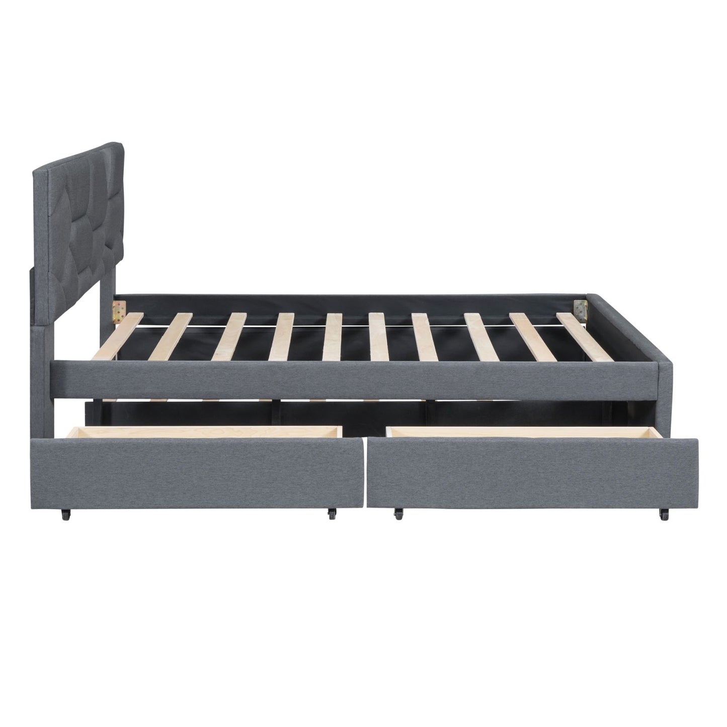 Melysen Full Size Upholstered Platform Bed with Brick Pattern Headboard, with Twin Size Trundle and 2 Drawers, Linen Fabric, Gray