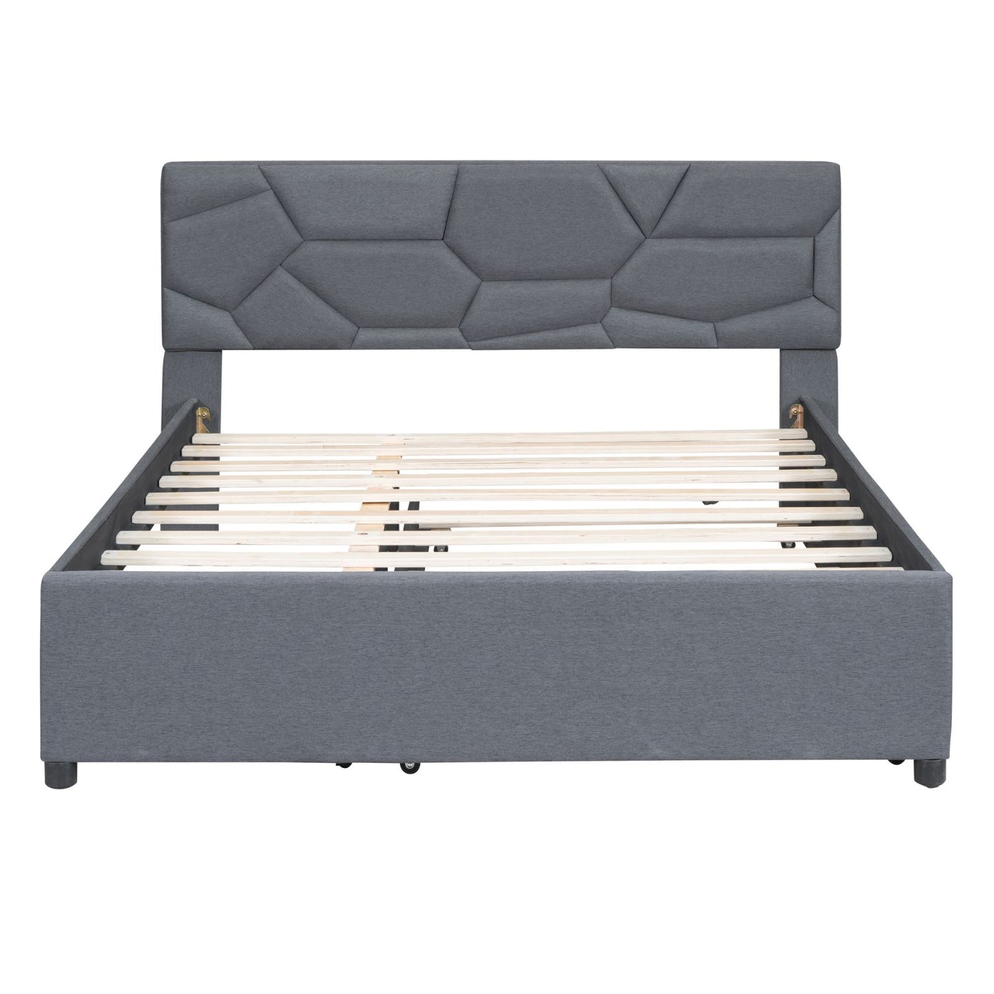 Melysen Queen Size Upholstered Platform Bed with Brick Pattern Headboard and Twin XL Size Trundle, Linen Fabric, Gray