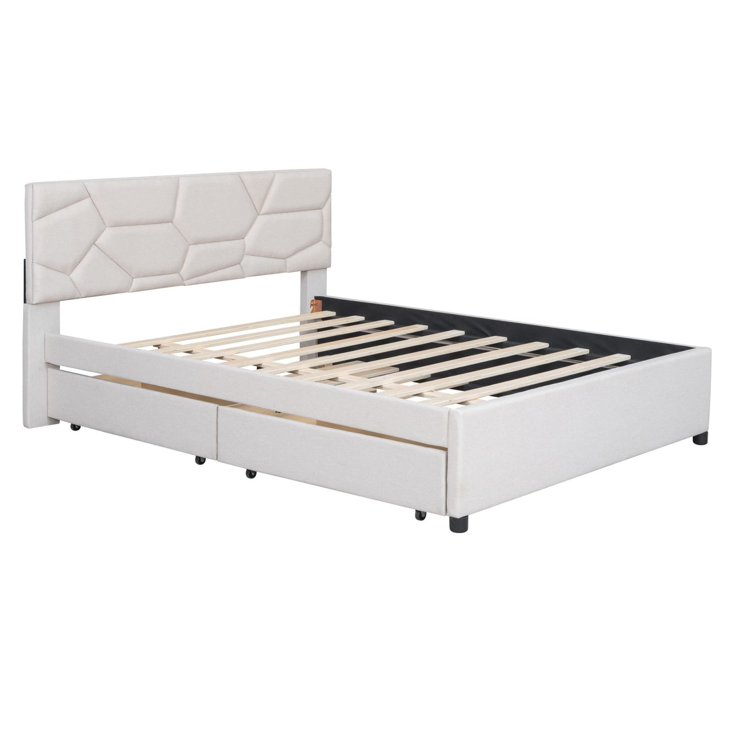 Melysen Queen Size Upholstered Platform Bed with Brick Pattern Headboard, with Twin XL Size Trundle and 2 drawers, Linen Fabric, Beige