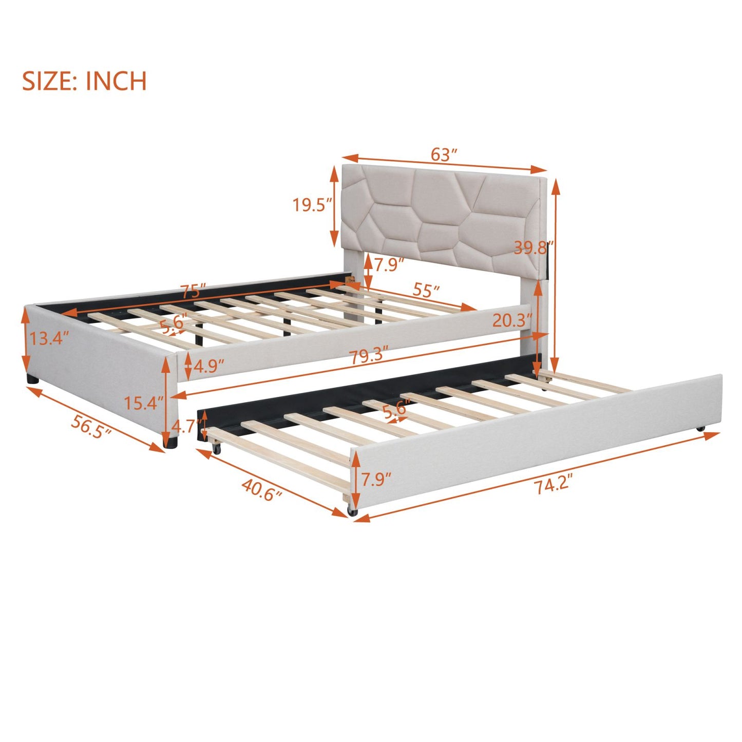 Melysen Full Size Upholstered Platform Bed with Brick Pattern Headboard and Twin Size Trundle, Linen Fabric, Beige