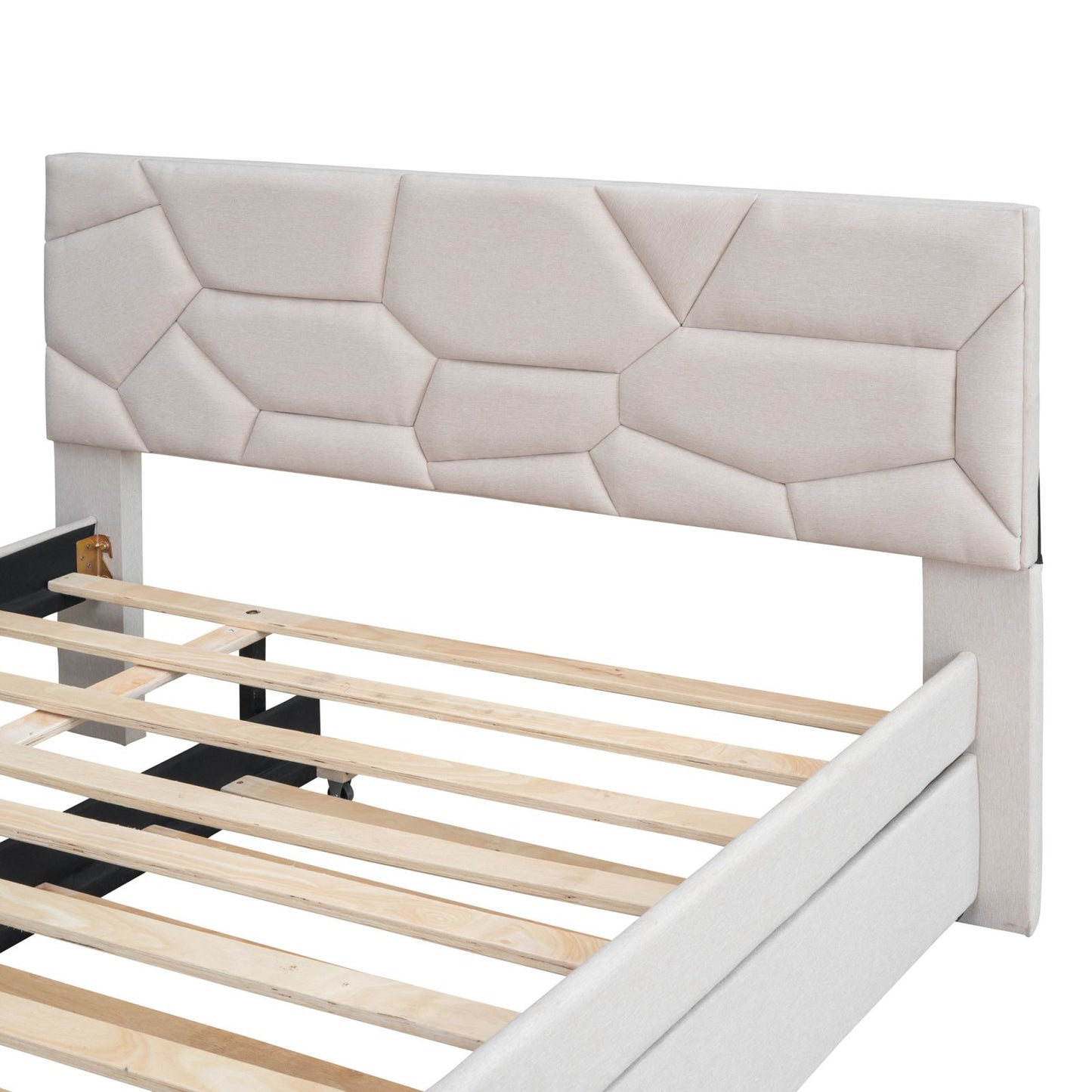 Melysen Full Size Upholstered Platform Bed with Brick Pattern Headboard and Twin Size Trundle, Linen Fabric, Beige