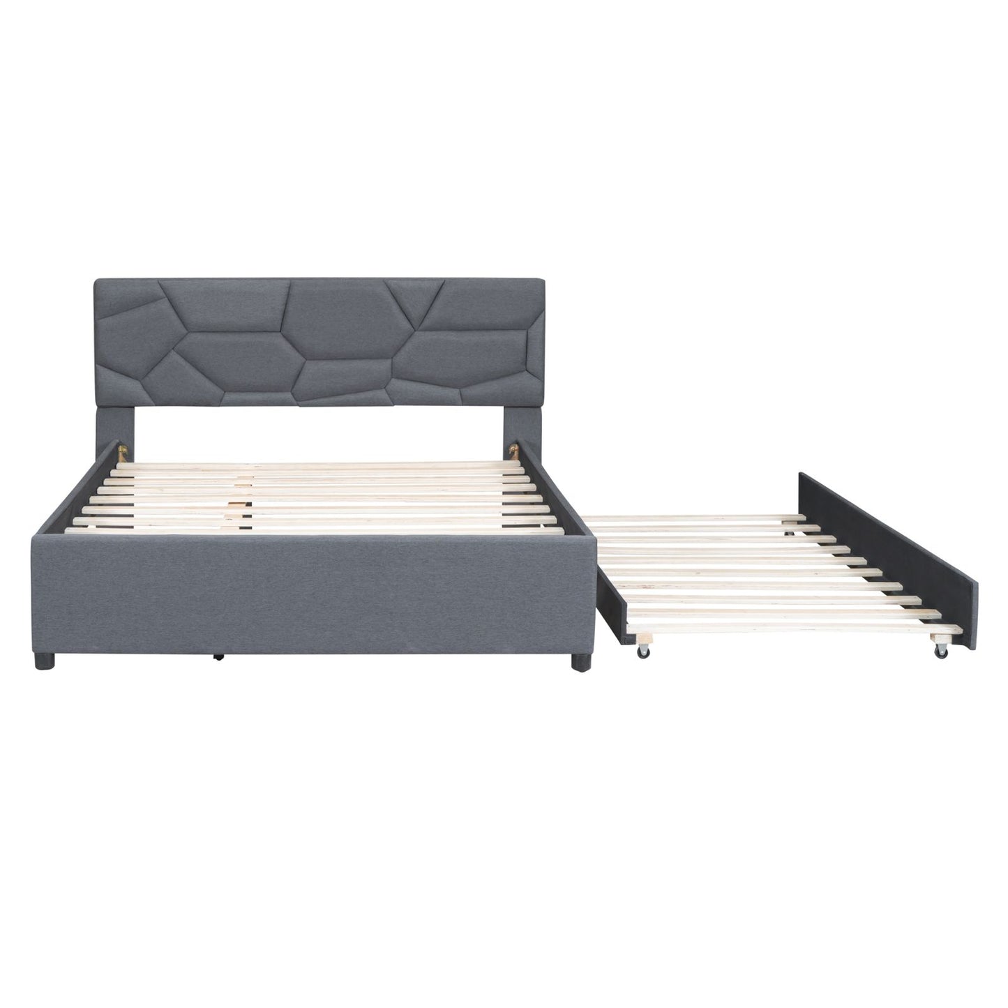 Melysen Queen Size Upholstered Platform Bed with Brick Pattern Headboard and Twin XL Size Trundle, Linen Fabric, Gray