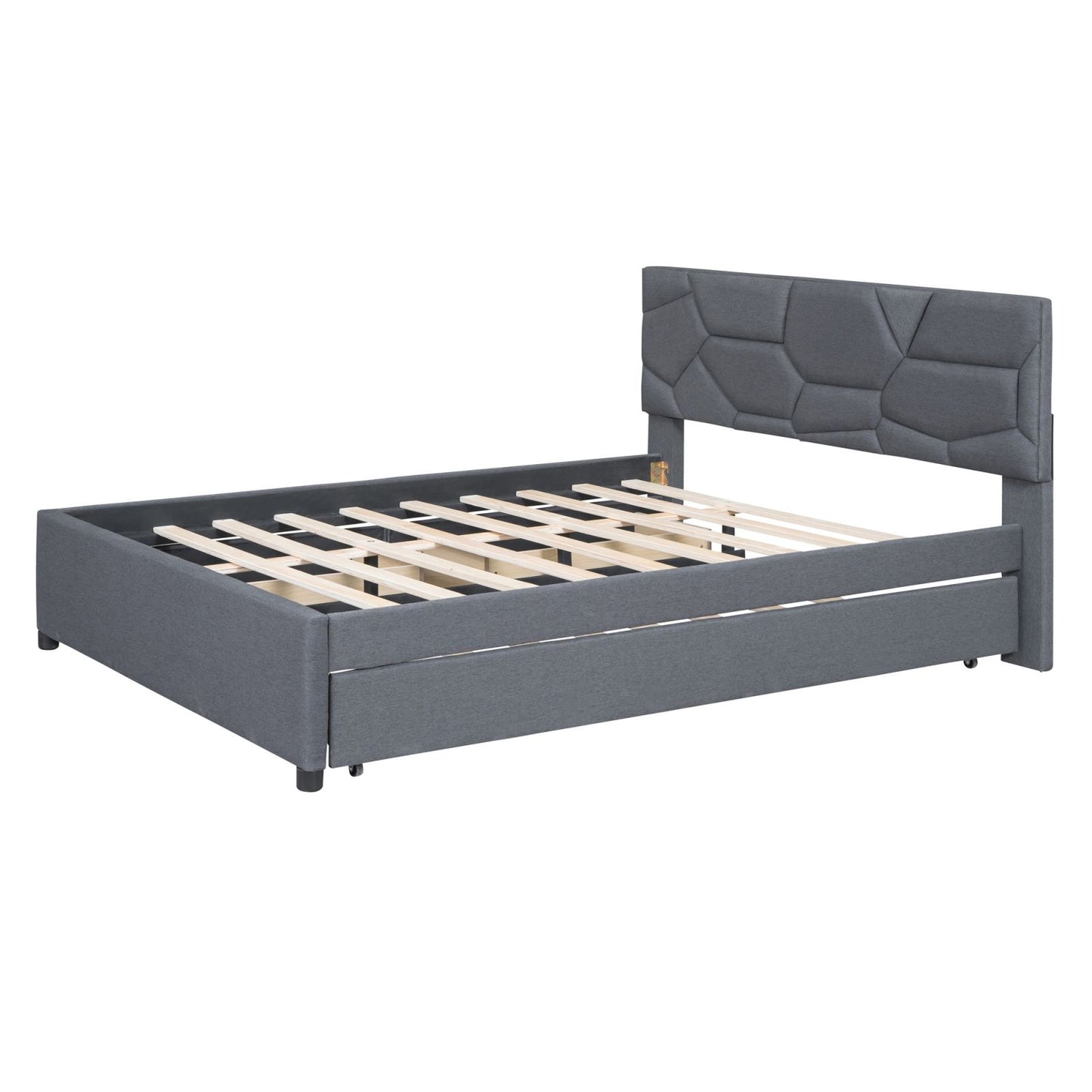 Melysen Queen Size Upholstered Platform Bed with Brick Pattern Headboard, with Twin XL Size Trundle and 2 drawers, Linen Fabric, Gray