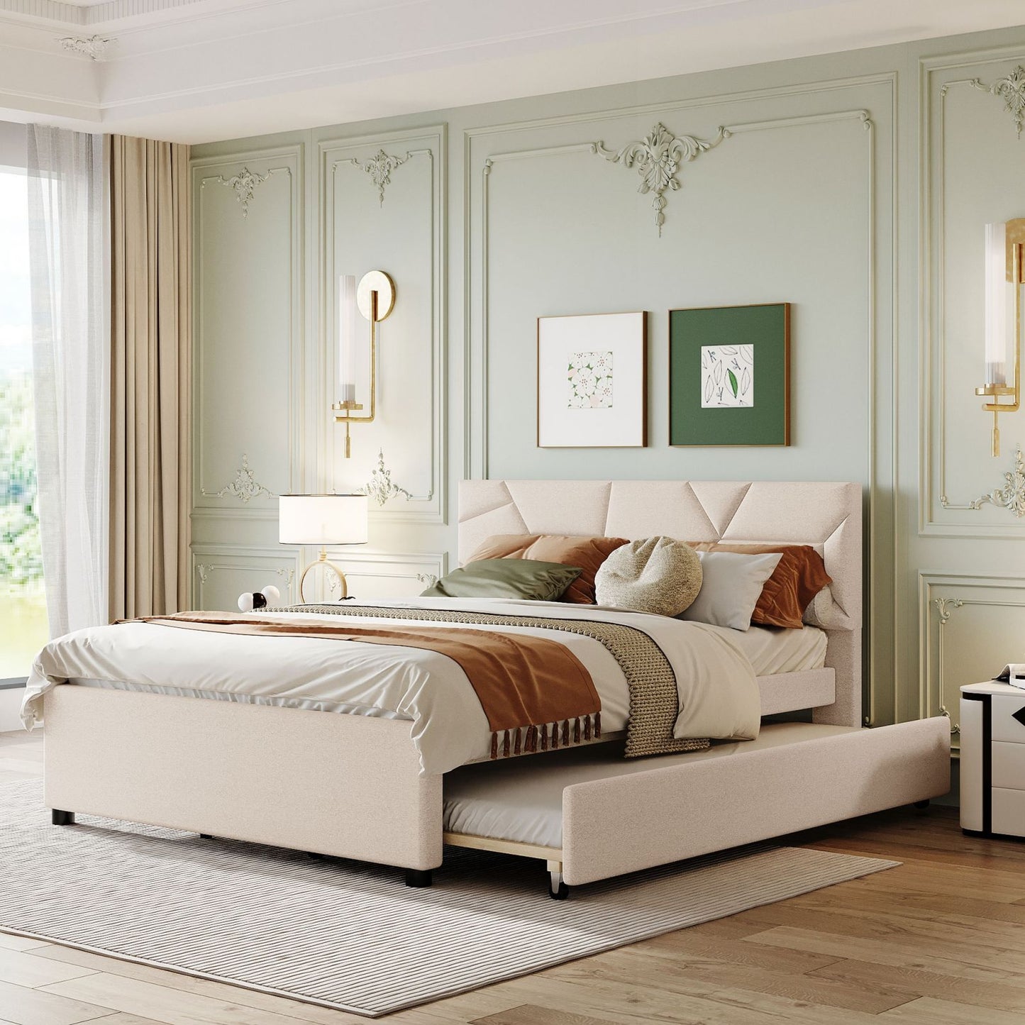 Melysen Queen Size Upholstered Platform Bed with Brick Pattern Headboard and Twin XL Size Trundle, Linen Fabric, Beige