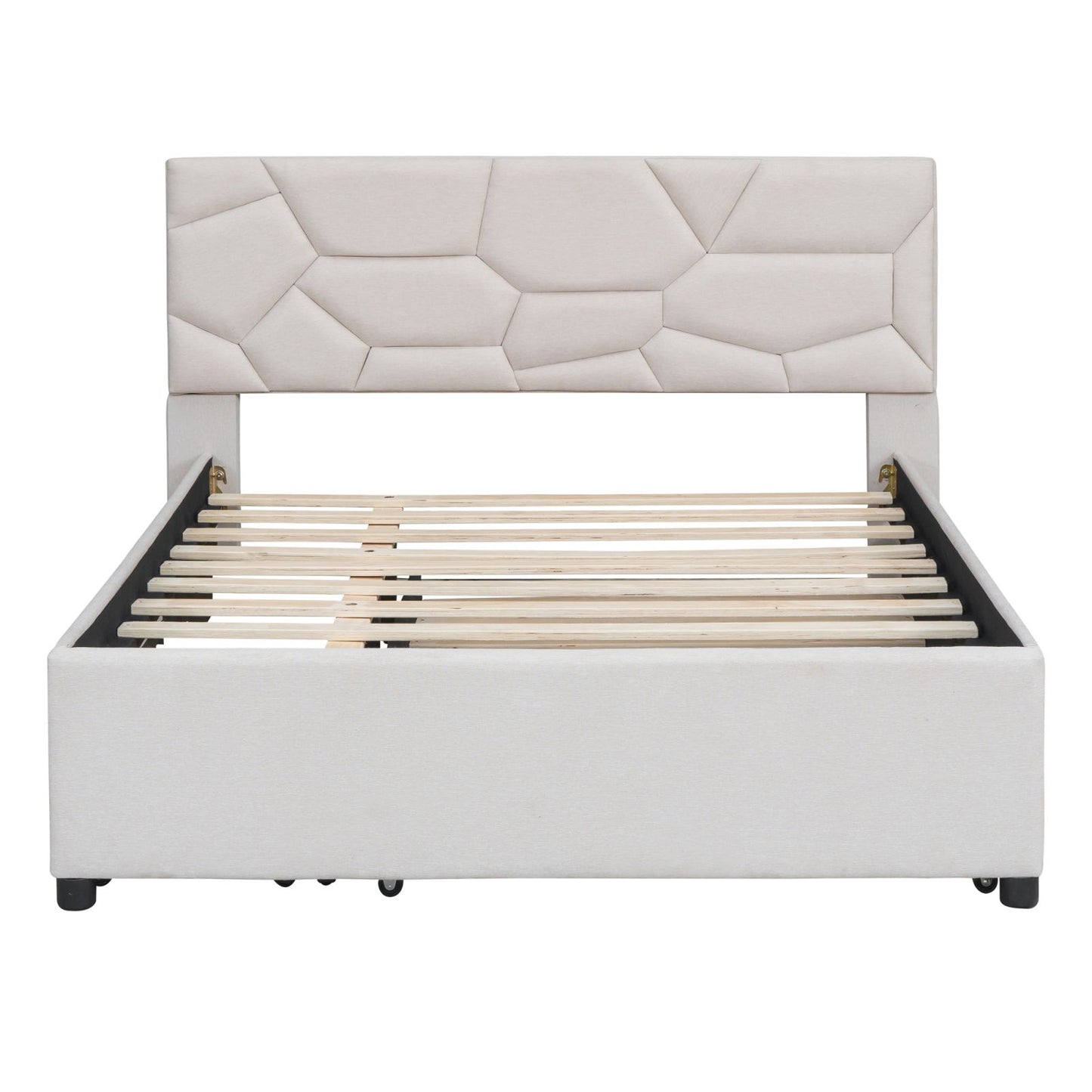 Melysen Full Size Upholstered Platform Bed with Brick Pattern Headboard, with Twin Size Trundle and 2 Drawers, Linen Fabric, Beige