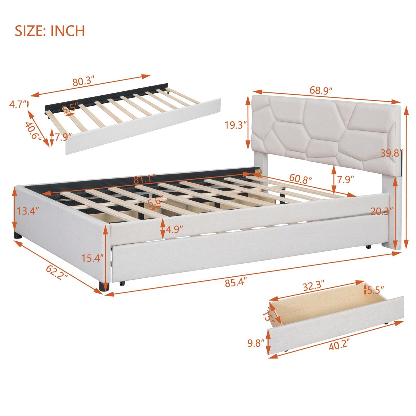 Melysen Queen Size Upholstered Platform Bed with Brick Pattern Headboard, with Twin XL Size Trundle and 2 drawers, Linen Fabric, Beige