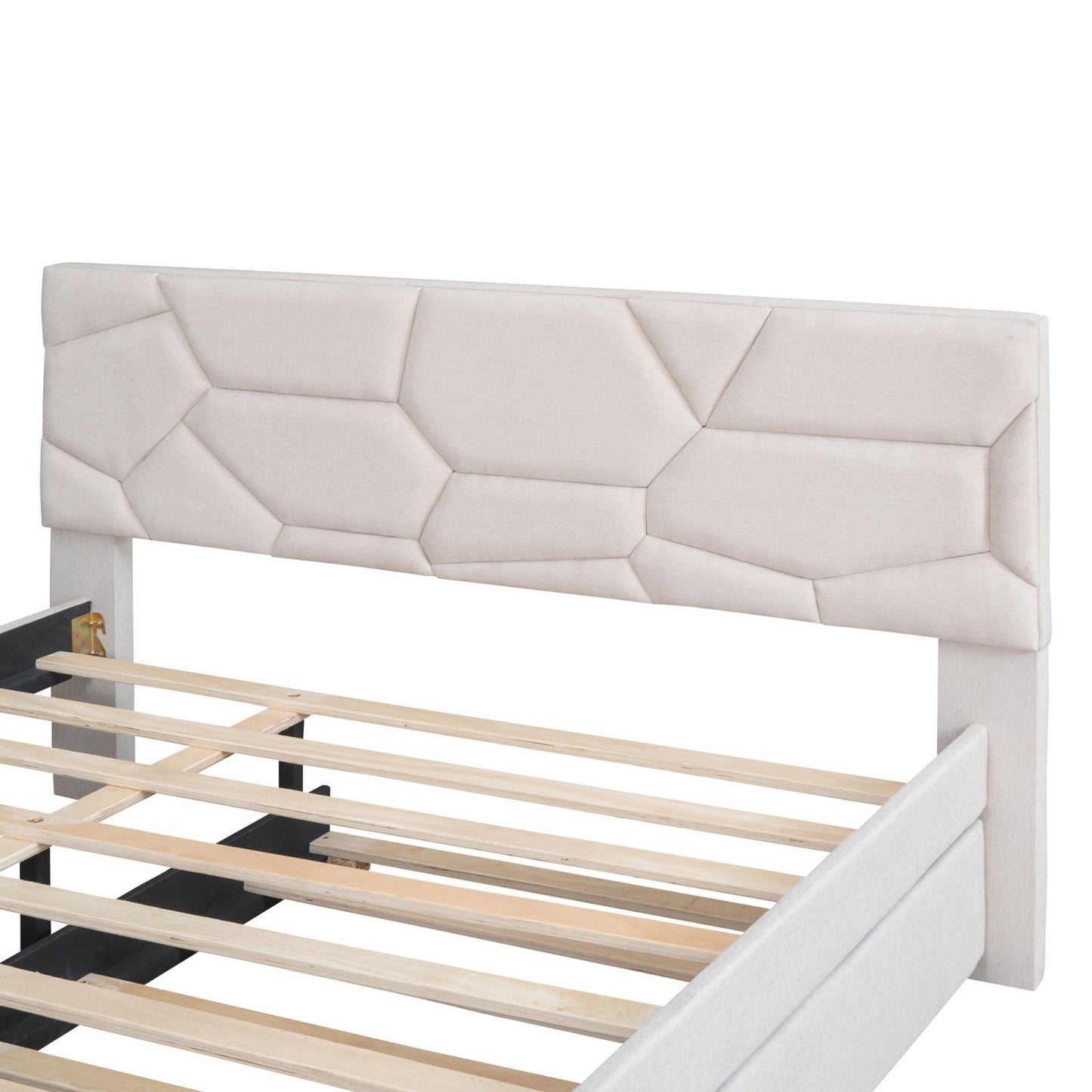 Melysen Queen Size Upholstered Platform Bed with Brick Pattern Headboard and Twin XL Size Trundle, Linen Fabric, Beige