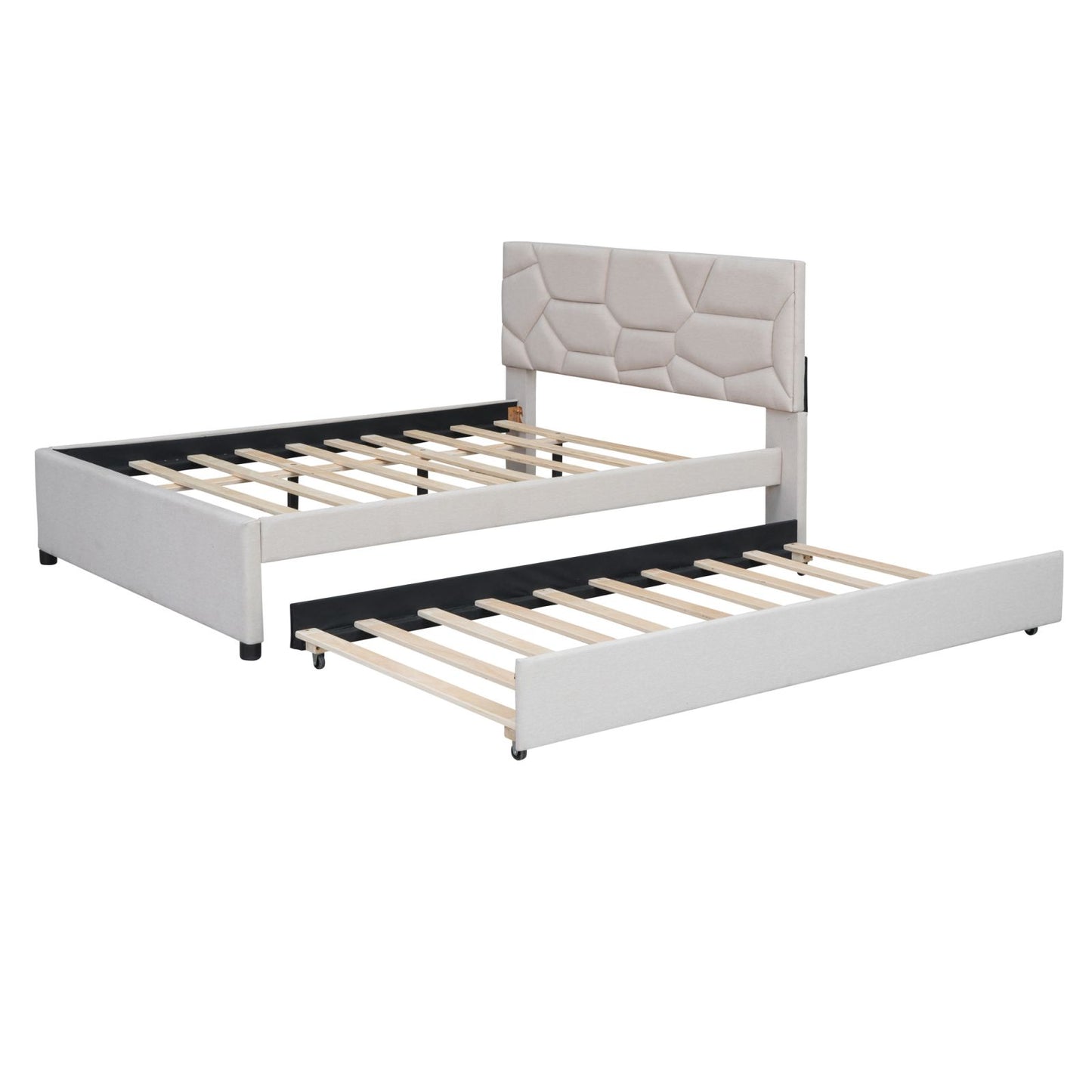 Melysen Full Size Upholstered Platform Bed with Brick Pattern Headboard and Twin Size Trundle, Linen Fabric, Beige