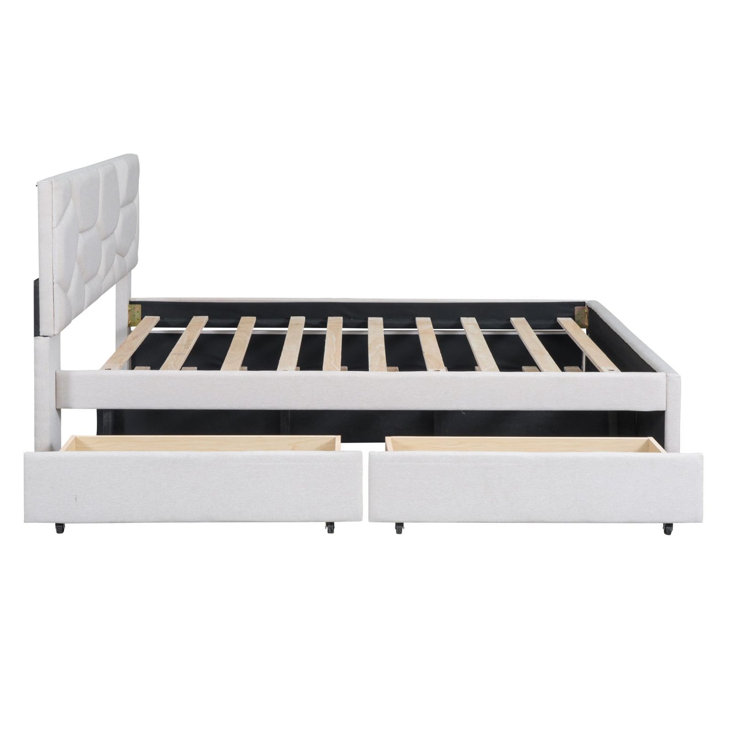 Melysen Full Size Upholstered Platform Bed with Brick Pattern Headboard, with Twin Size Trundle and 2 Drawers, Linen Fabric, Beige