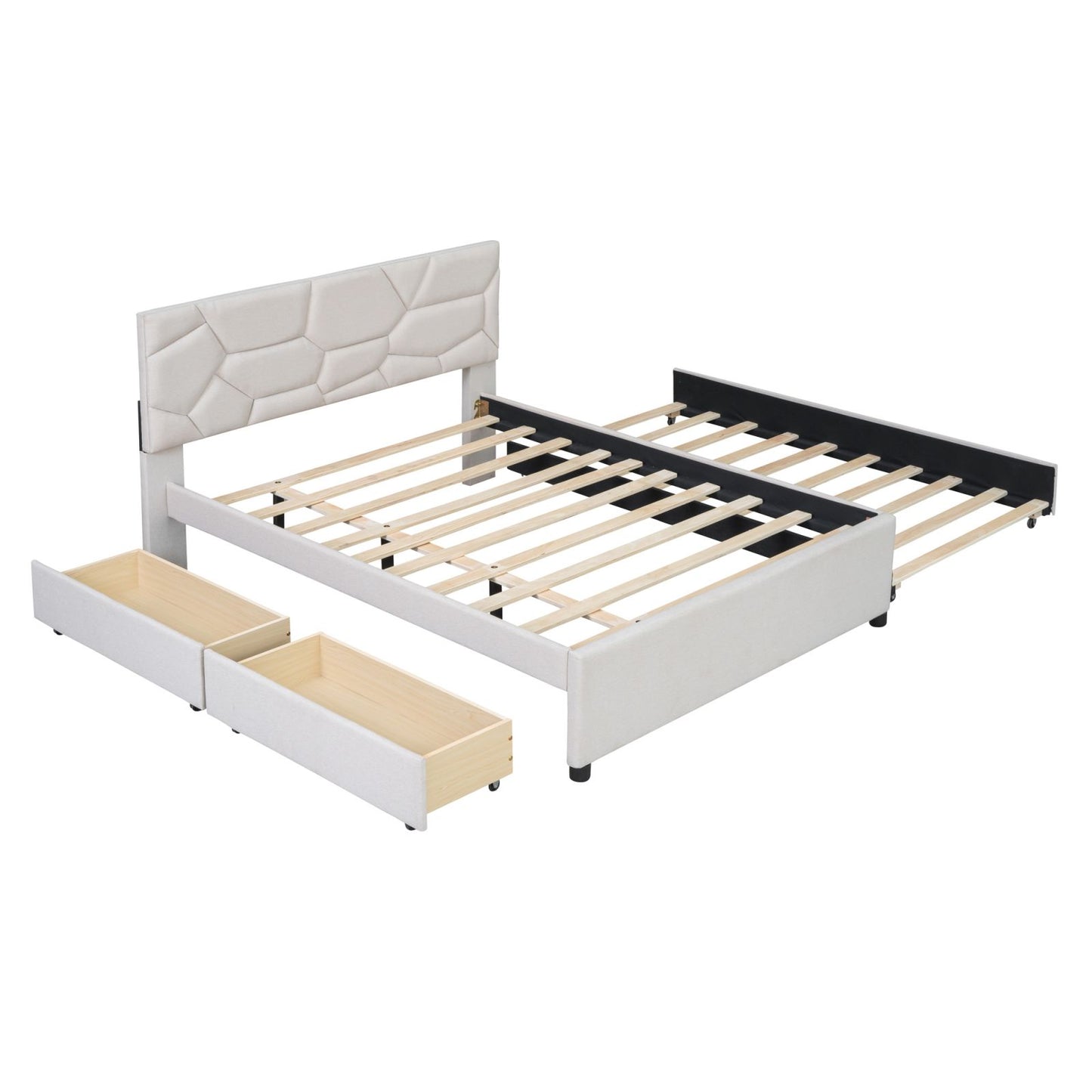 Melysen Full Size Upholstered Platform Bed with Brick Pattern Headboard, with Twin Size Trundle and 2 Drawers, Linen Fabric, Beige